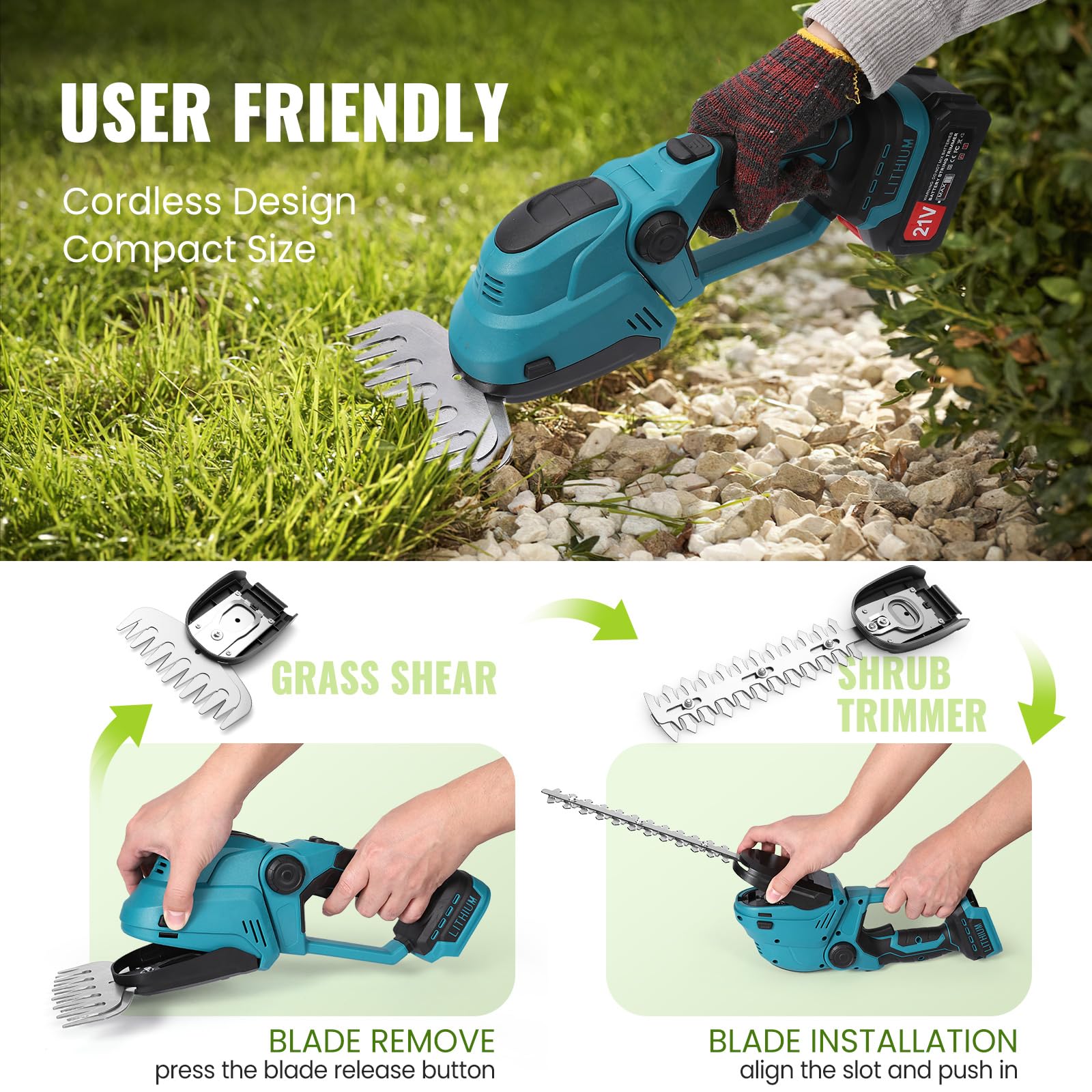 Cortasetos eléctrico 2 en 1 con batería y cargador de 3000 mAh, recortadora de arbustos de 36 cm, cuchillo de hierba de 18 cm, motor sin escobillas, para jardinería compacta