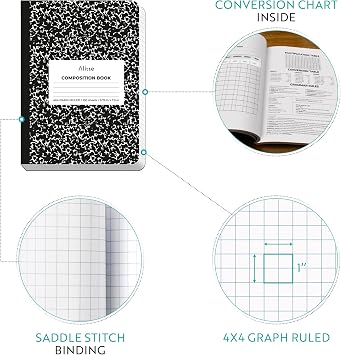 Alitte Composition Notebooks (4 Pack) | 4x4 Graph Ruled, 100 Sheets/Notebook | Black Marble Hard Cover, Smooth Thick Pages | 9.75x7.5, 200 Total Pages | School Notebooks, Writing Pads