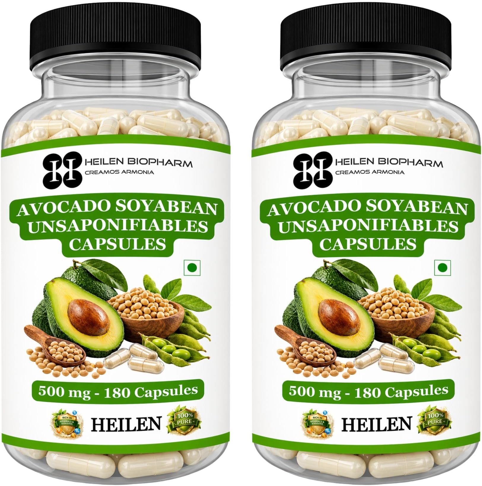 Heilen Biopharm ASU 500 mg | Avocado & Soybean Unsaponifiables | Joint, Cartilage & Mobility Support Supplement | 180 Capsules | Pack of 2 | 500 mg Each | Plant-Based