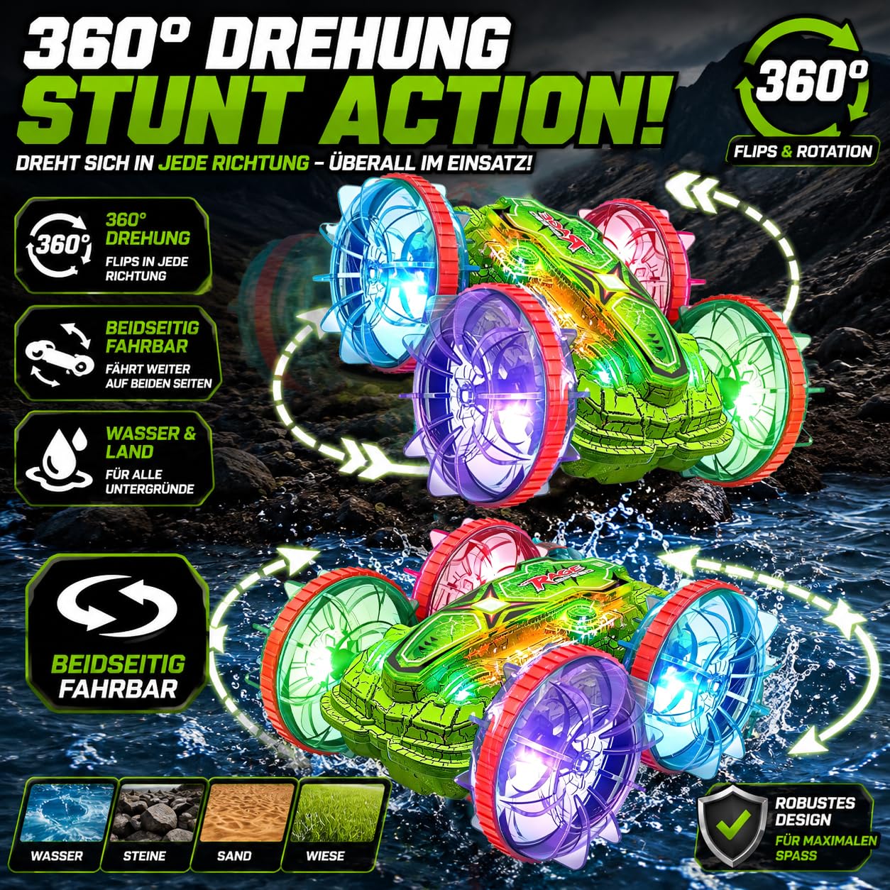 Ferngesteuertes Auto Amphibienfahrzeug Kinder, RC Auto Wasser & Land mit 2 Akku, 360° Drehung, Doppelseitiges Fahren, LED Licht, 2.4GHz RC Truck für Kinder ab 6 7 8 9 10 11 12 Jahre Jungen Mädchen