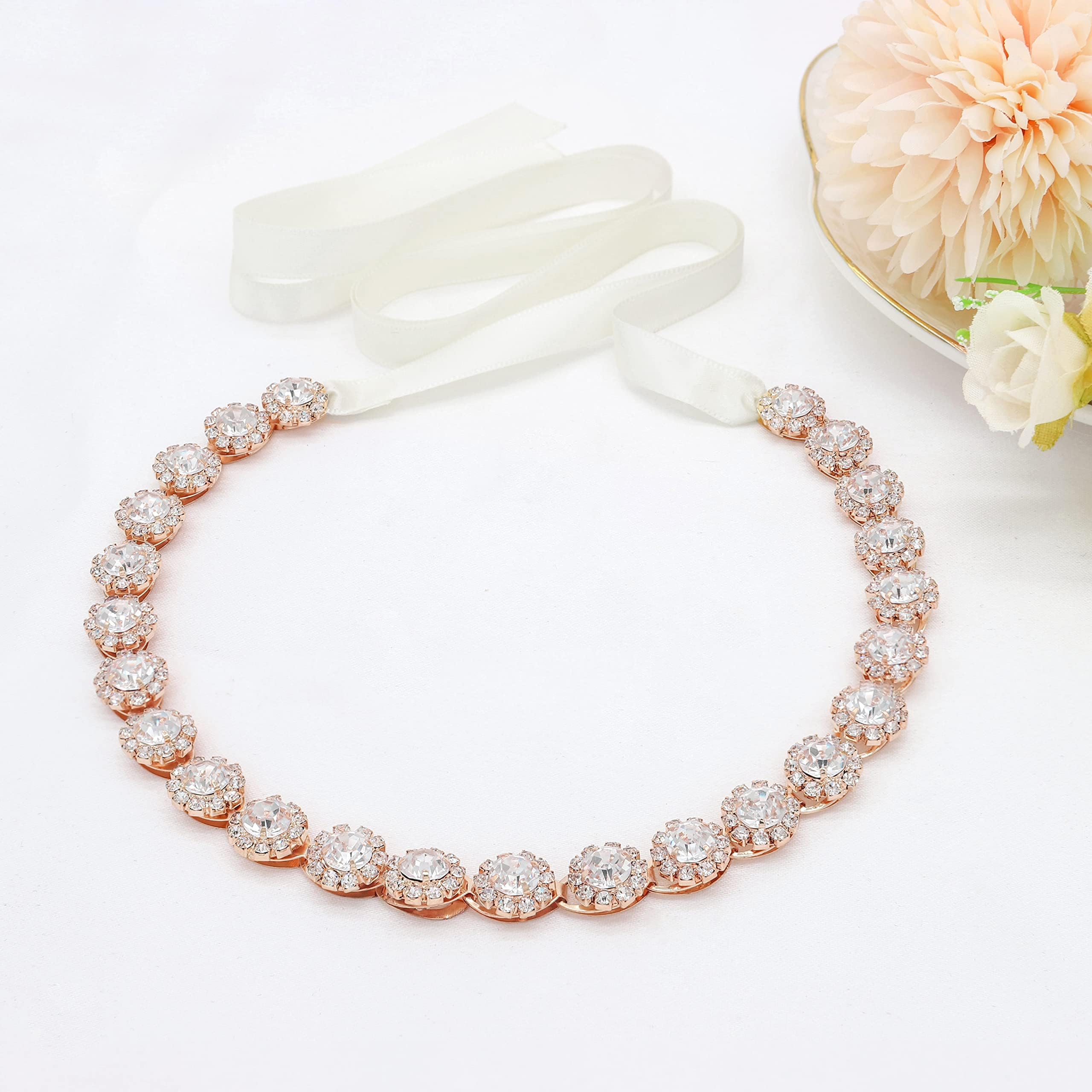 OriamourRose Gold Bridal Headpiece Wedding Headband with Crystal and Ribbons Hair Jewelry (Rose Gold)
