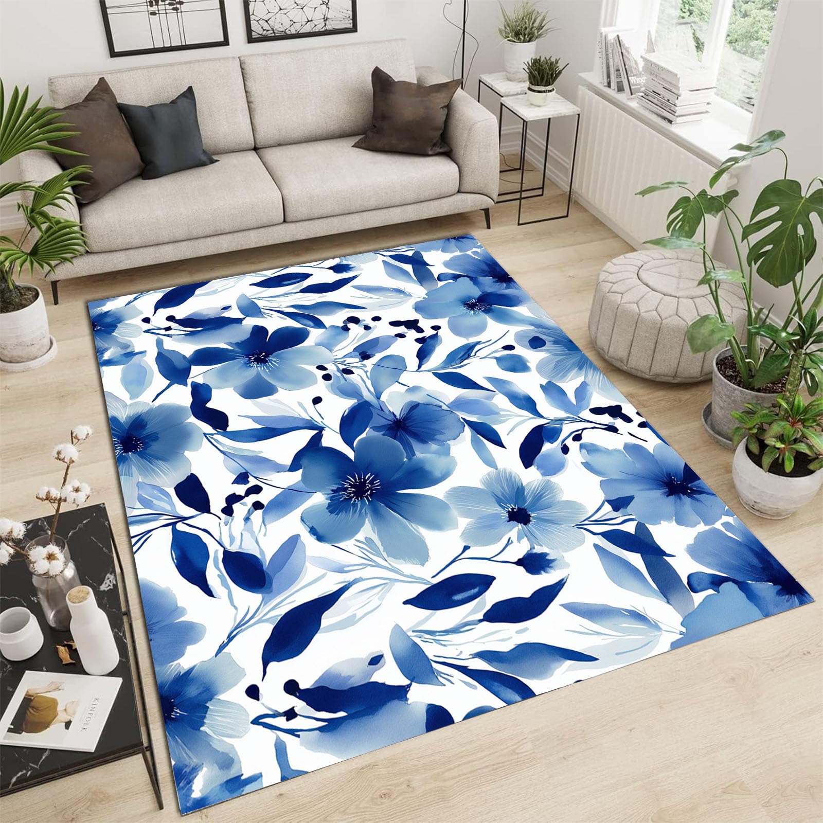 Tapis lavable en machine grand salon 240x300 style encre bleue feuillage