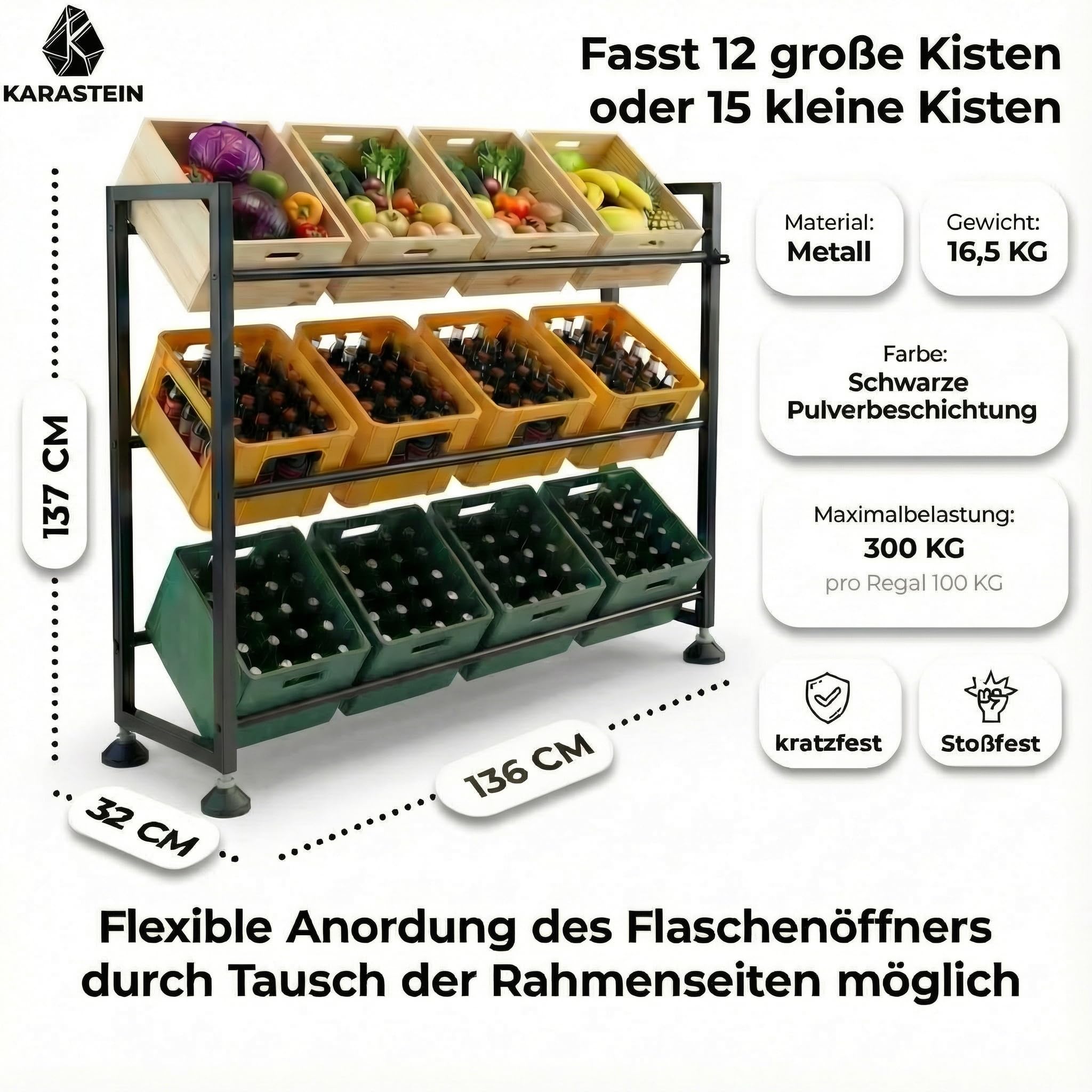 Getränkekistenregal für 12 Kisten – Schwerlast bis 300 kg Traglast – Standfestes Bier- & Wasserkistenregal mit Gummifüßen für Lager & Gastronomie