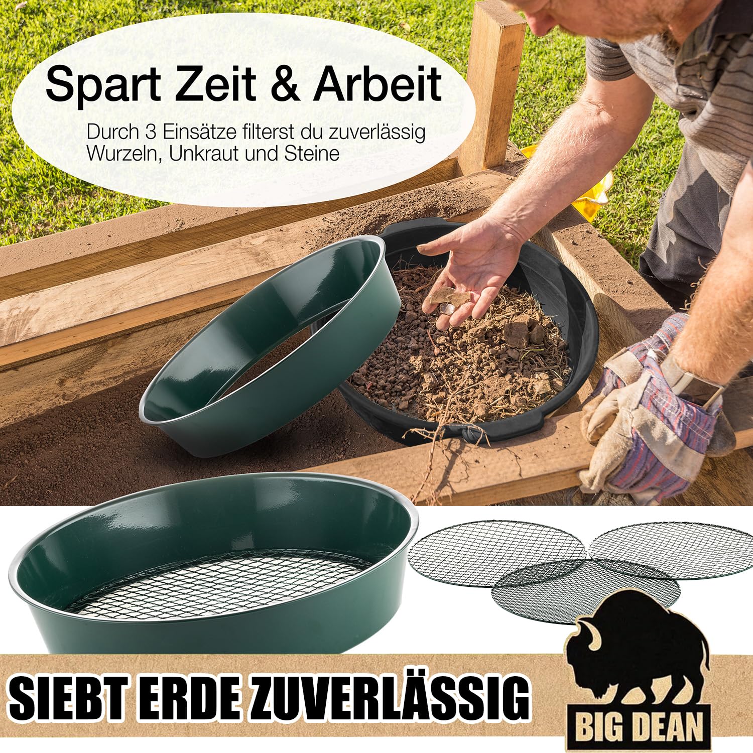 Tamis de jardin en métal avec 3 mailles 6,4 mm/9,5 mm/12,7 mm, tamis à sable rond, diamètre 37 cm, hauteur 8 cm, tamis de jardin, tamis à pierre, tamis à compost, lot de 1