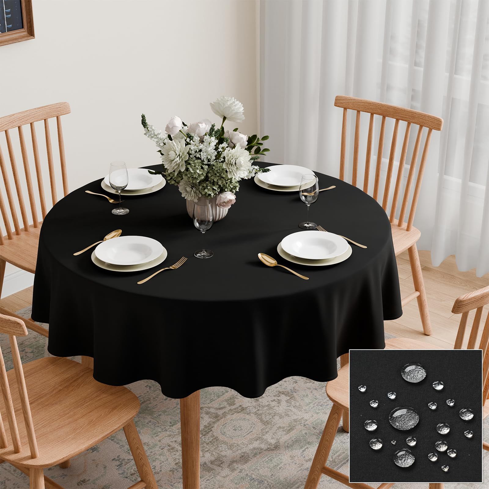 GFCC Black Round Table Cloth 140cm Wipe Clean Waterproof, 55 Inch
