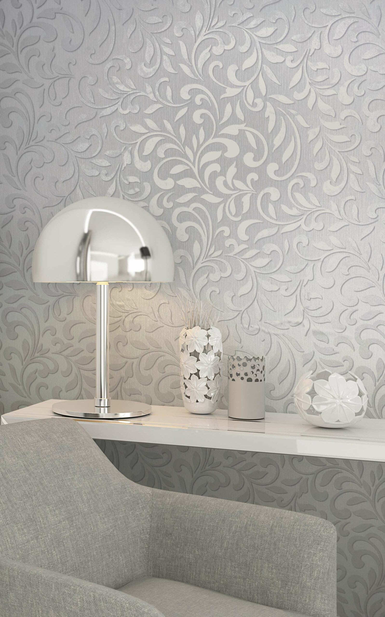 Papel Pintado Metalizado Gris Plata - Rollo De 10.05 X 0.70 M, Brillante Y Gráfico | Para Dormitorio, Salón O Cocina