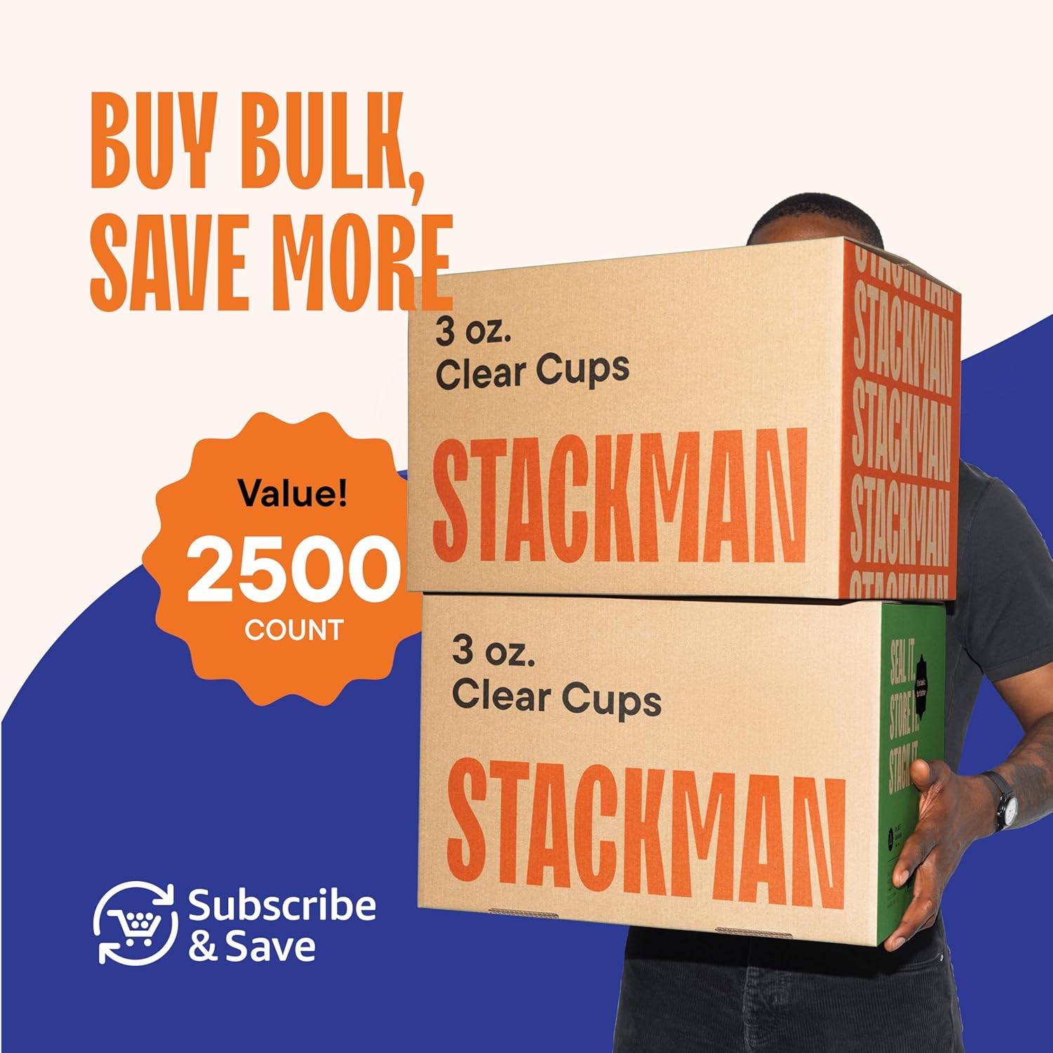 Stack Man Case of 2,500 – 3 oz. Disposable Clear Plastic Cups, 100 Count Packages (25/100)