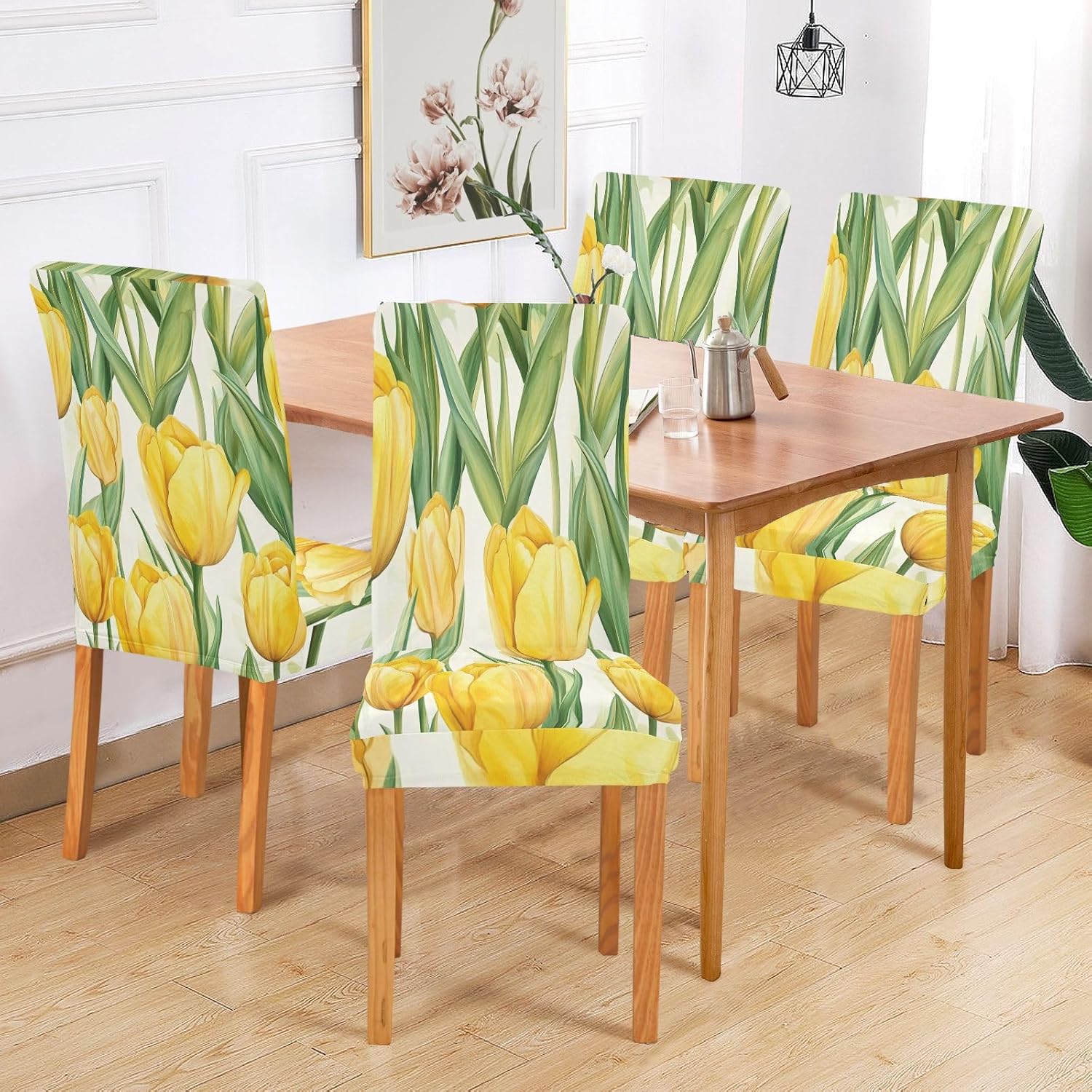 ALAZA Chair Covers for Dining Room, Yellow Tulip Flowers Stretch Chair Cover Sets Chair Protector Removable Washable for Ktichen Restaurant Hotel