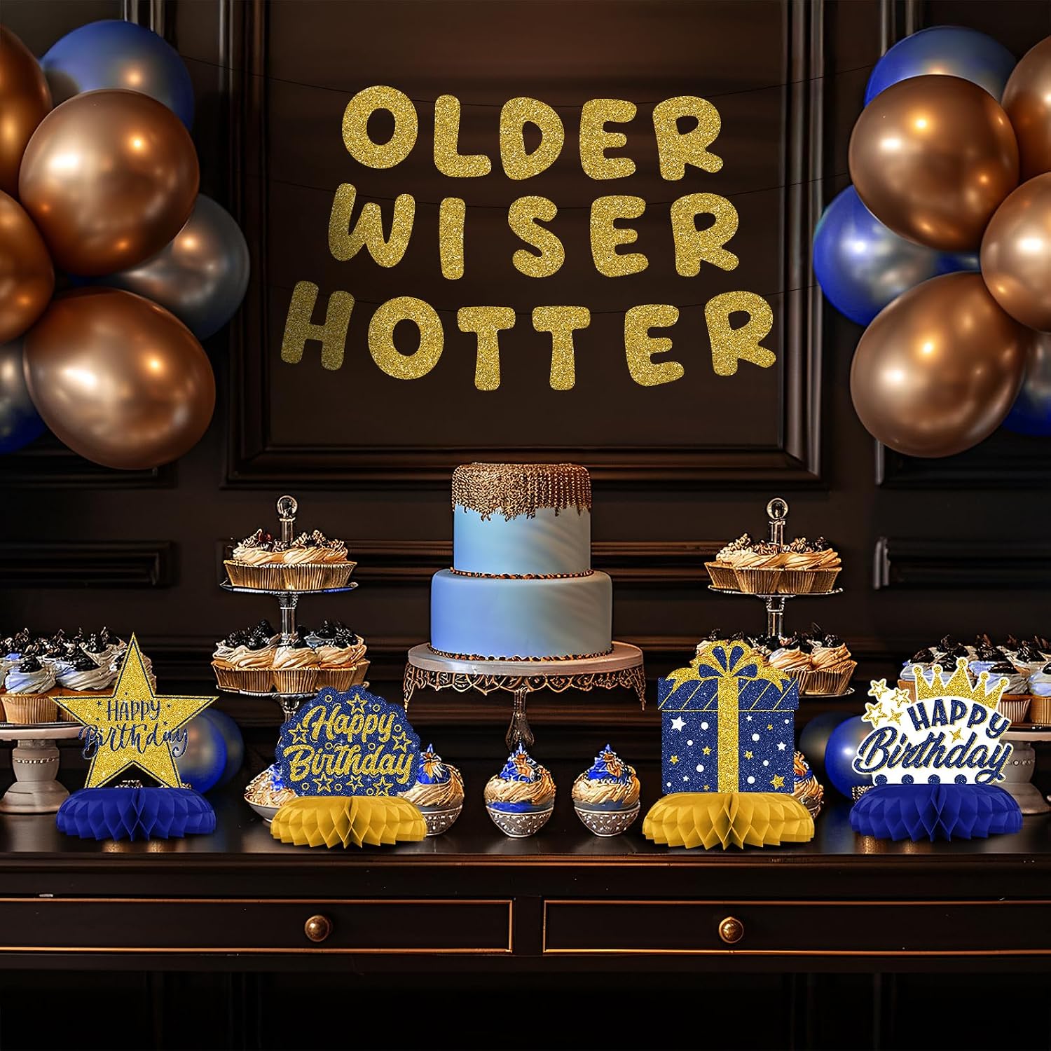 Blue and Gold Birthday Decorations – 12Pcs Honeycomb Table Centerpieces, Elegant Party Table Toppers for Adults, Stylish Blue Gold Birthday Decor