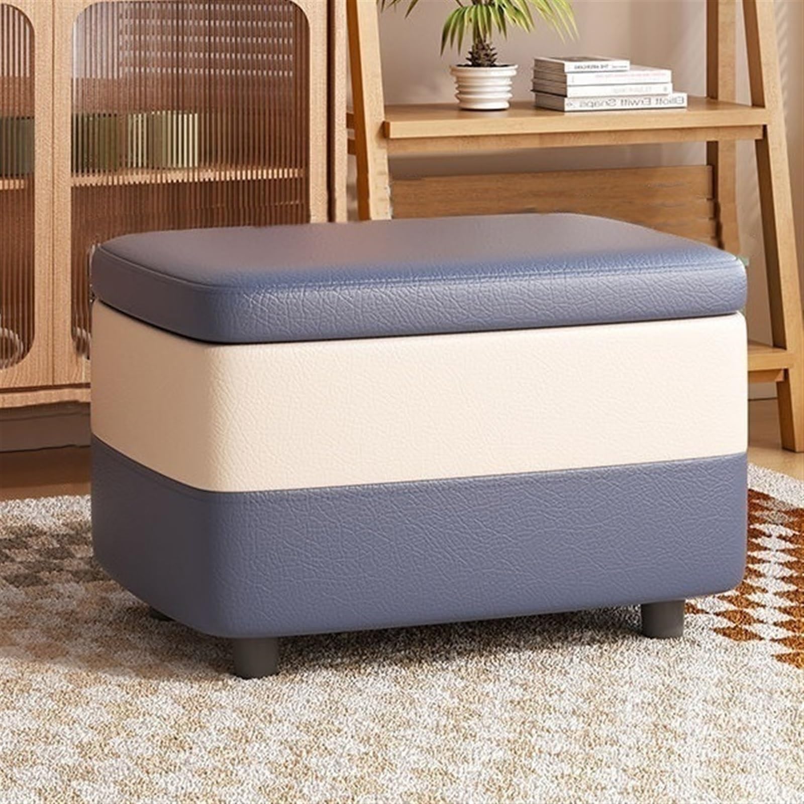 Pouf de rangement bleu rectangulaire de 40 cm avec pieds en bois stable