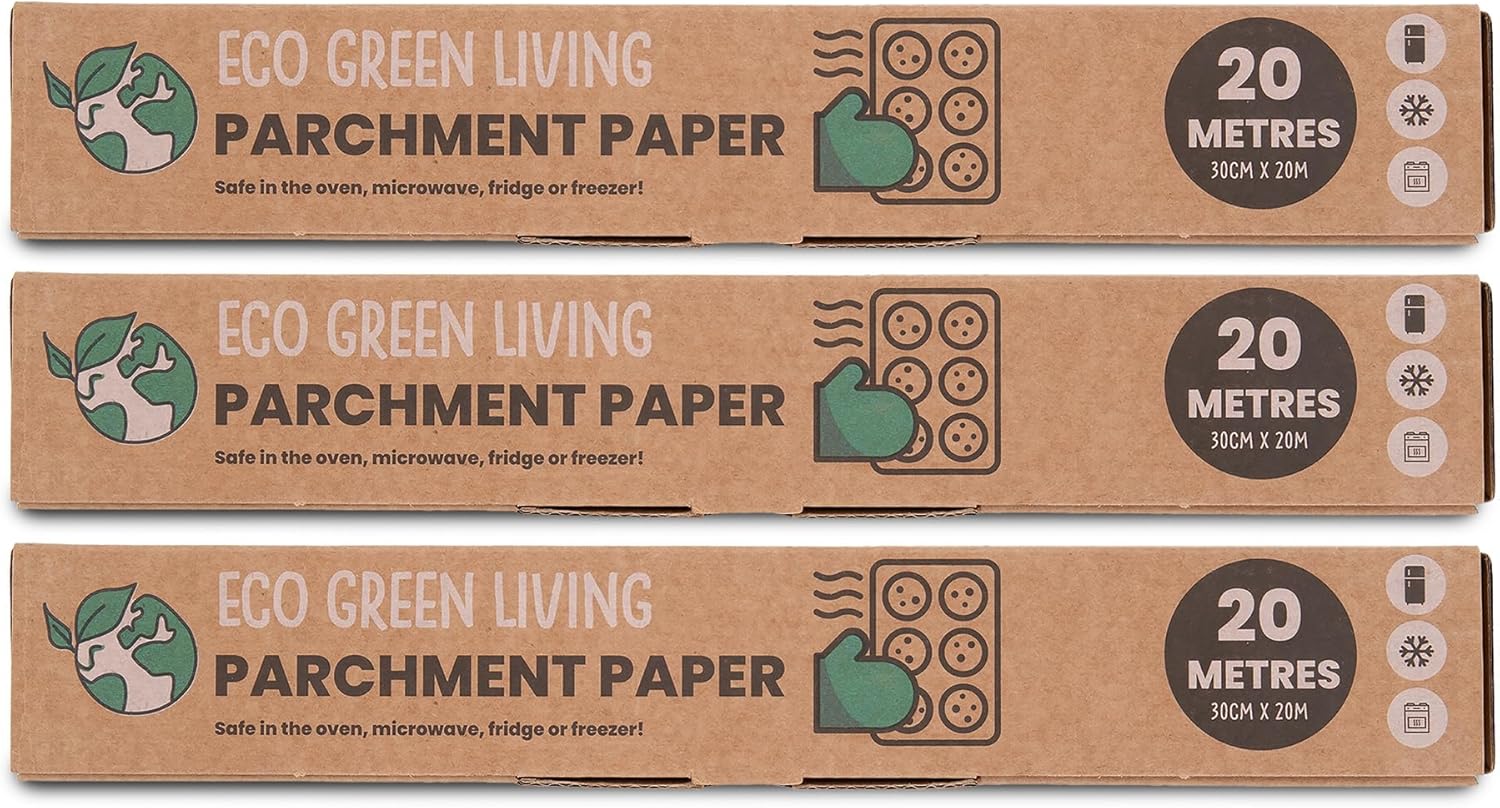 Eco Green Living Parchment Baking Paper, Unbleached Non Stick Greaseproof Paper for Baking Roasting And Cooking, Compostable Plastic Free, 30cm x 20m - Trio Pack