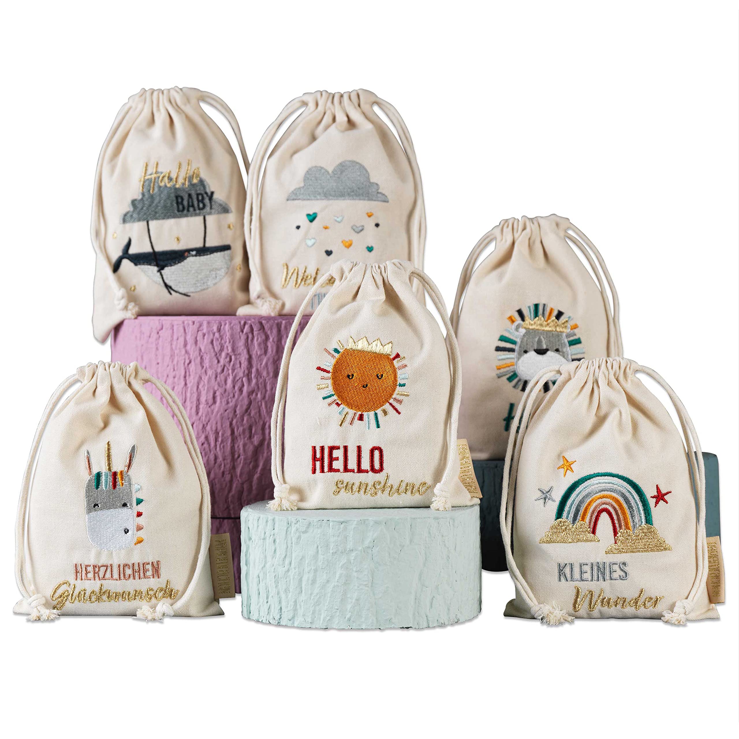 Geschenksäckchen zum Geburtstag - Regenbogen - aus Baumwolle - wunderschön und hochwertig bestickt - ideal zum Verpacken von Geschenken - mit Zugband
