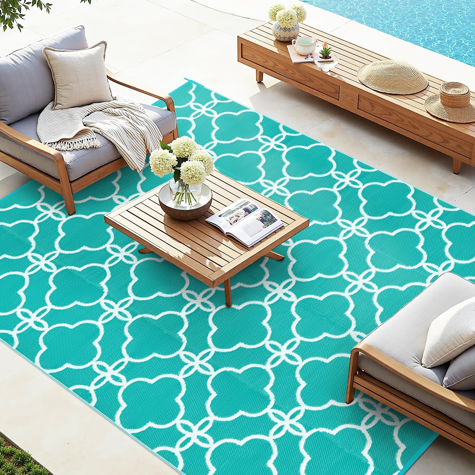 Ashler Outdoor Rug, Outdoor Plastic Straw Rug, 5x8 Reversible Teal Blue Patio Mat, Flower Modern Design for RV, Backyard, Deck, Camping, Picnic, Spring, Durable & Weather-Resistant Large Area Rug