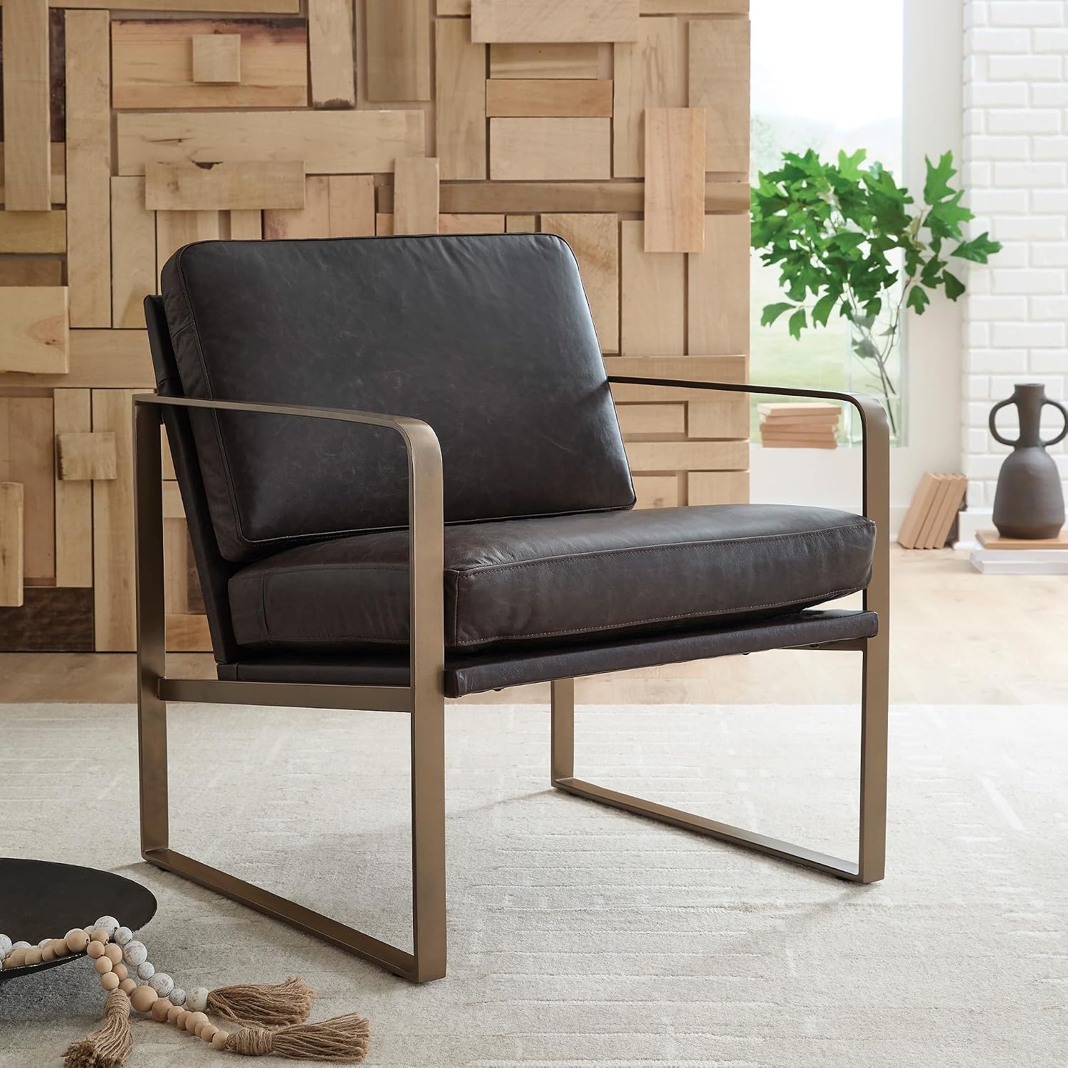 Signature Design by Ashley Modern Leather Accent Chair, Dark Brown & Gold | 100% top grain leather with a goldtone metal frame, Contemporary style for living rooms and office spaces, Bradett Series