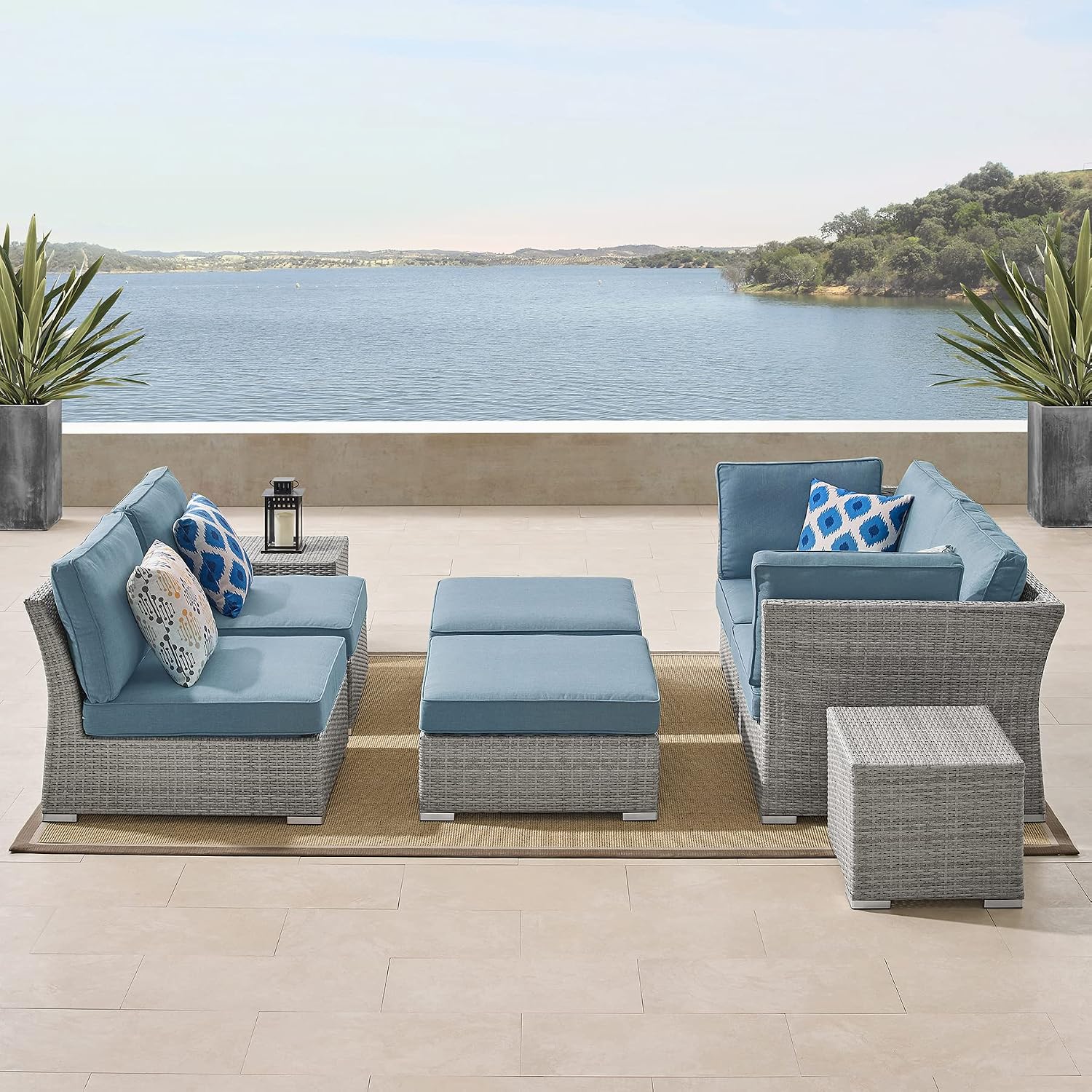 CAELUM 8 Piece Large Outdoor Furniture Set, 6 Seater Wicker Patio Furniture Set w/Thick Cushion, All Weather Deck Wicker Conversation Set with 4 Sofa Seats, 2 Ottomans & 2 Coffee Side Tables