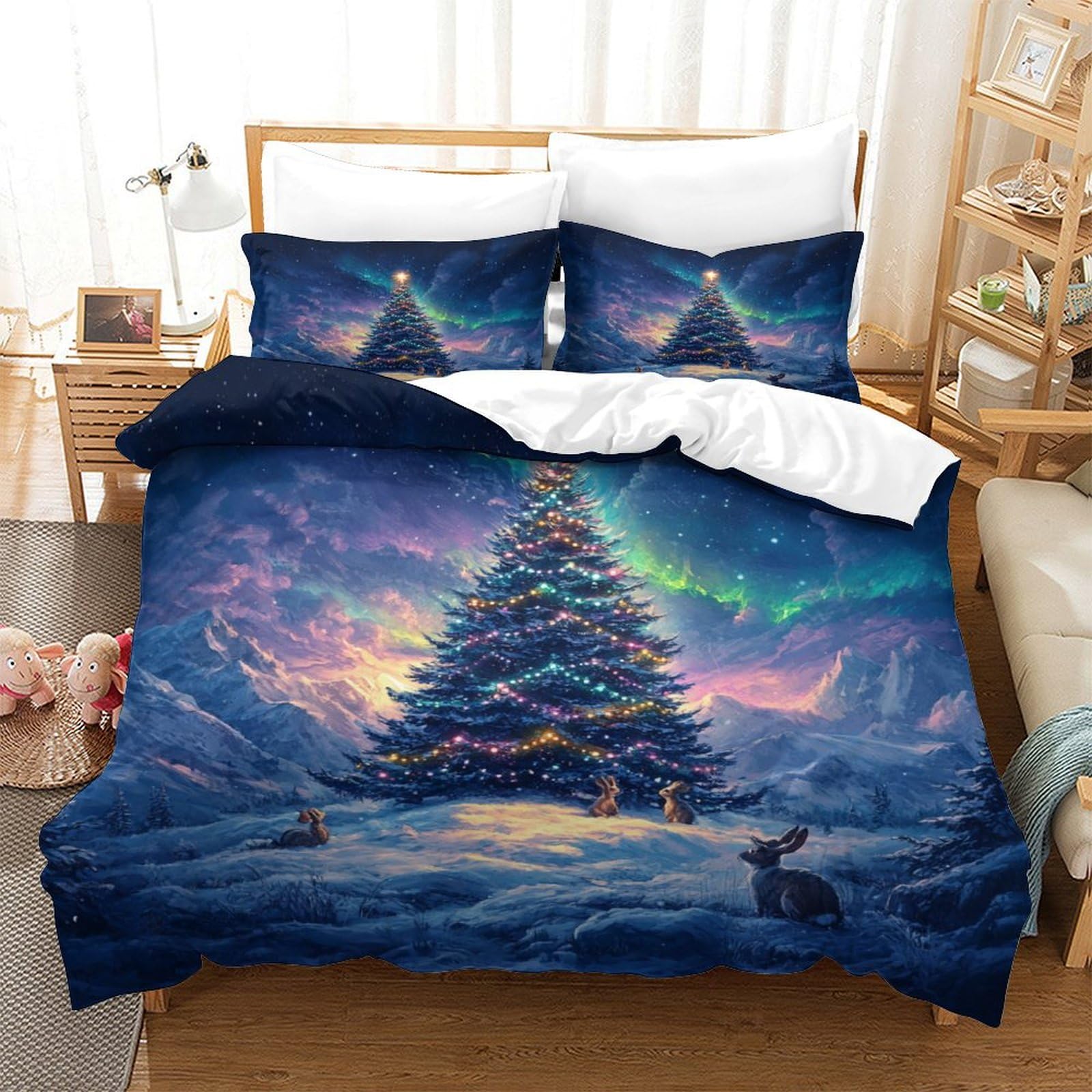 Christmas Theme, Christmas Tree Duvet Cover Sets 3 PCS Hotel Quality Quilt Cover Bed Sets Bed Covers with Pillowcases with Zipper Closure Ultra Soft Anti Allergic Microfiber Double（200x200cm）