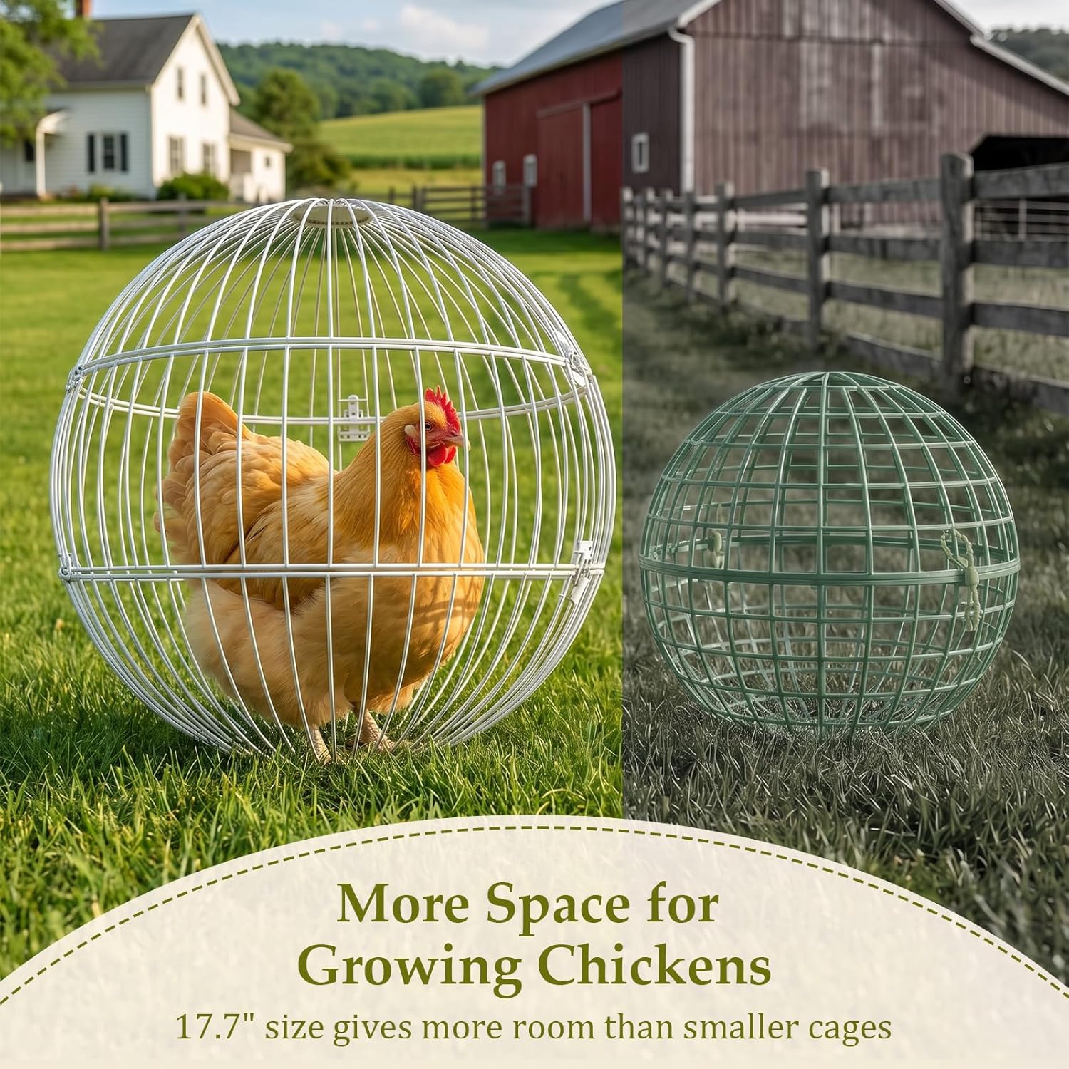 Chicken Ball Cage, 17.7" Large Metal Rolling Outdoor Enclosure for Chickens & Small Animals, Heavy-Duty Iron Wire Sphere, Tool-Free Snap-Lock Assembly, Backyard Exercise Cage for Supervised Use