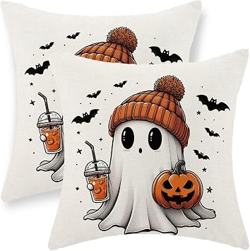 Halloween Pillow Covers 18x18 Set of 2 Orange Pumpkin Black Bats Cute Ghost Throw Pillows Halloween Decorations Outdoor Pillowcase Linen Holiday Fall Home Decor Cushion Case for Couch Sofa