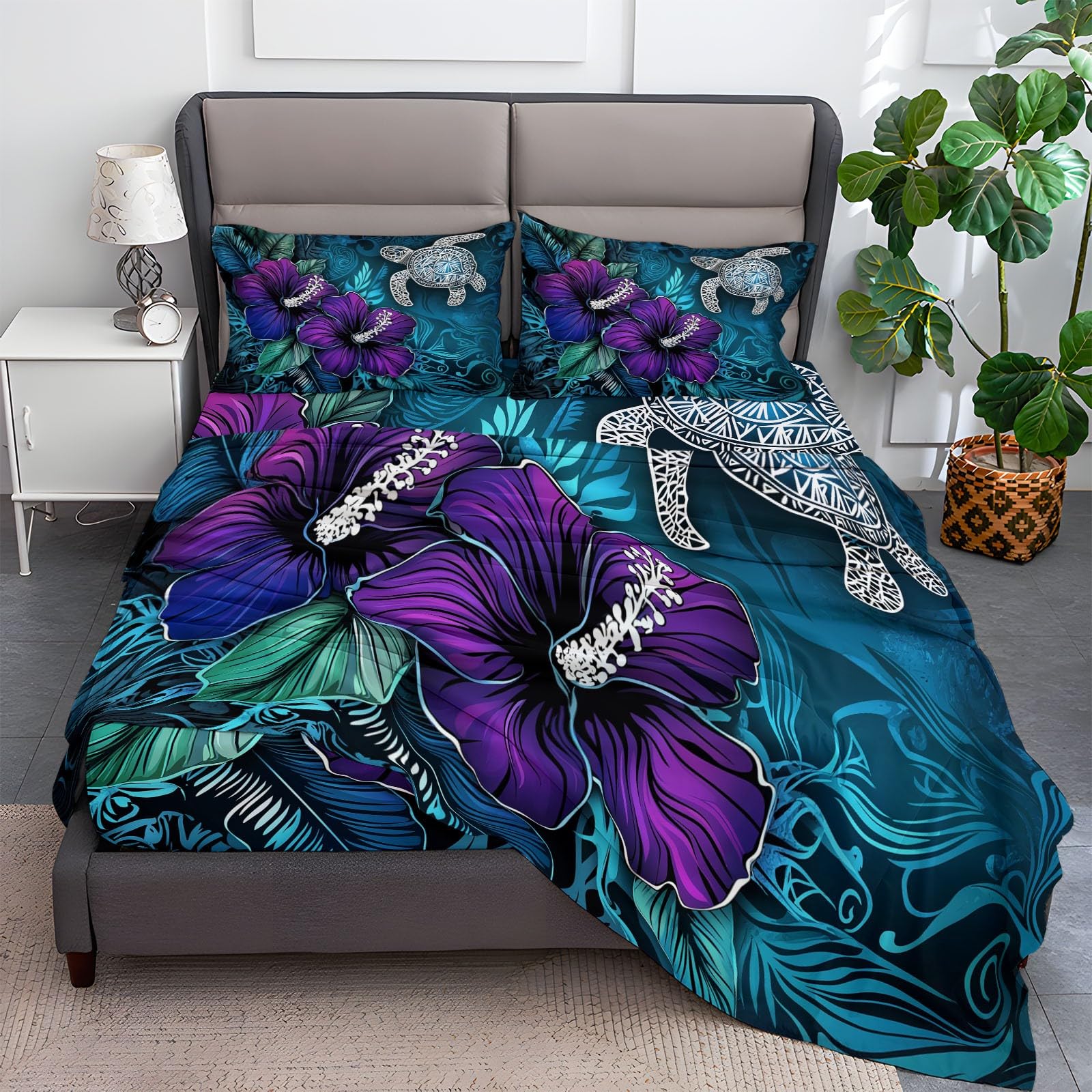 Fitted Sheet Full Size Bedding Set for Kids Girls Women Men Room Decor, Soft Microfiber & Deep Pocket & Wrinkle Free Simple Bohemian Turtle Bedding Sheets, Dark Blue