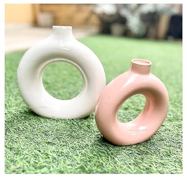 SPHINX Ceramic Donut Vase, Flower Vase Pampas Grass Vase, Vase Home Decor Centrepiece Decor for Home, Office, or Gifts-Vase Only - (1 White (8Inch) + 1 Pink (6Inch))