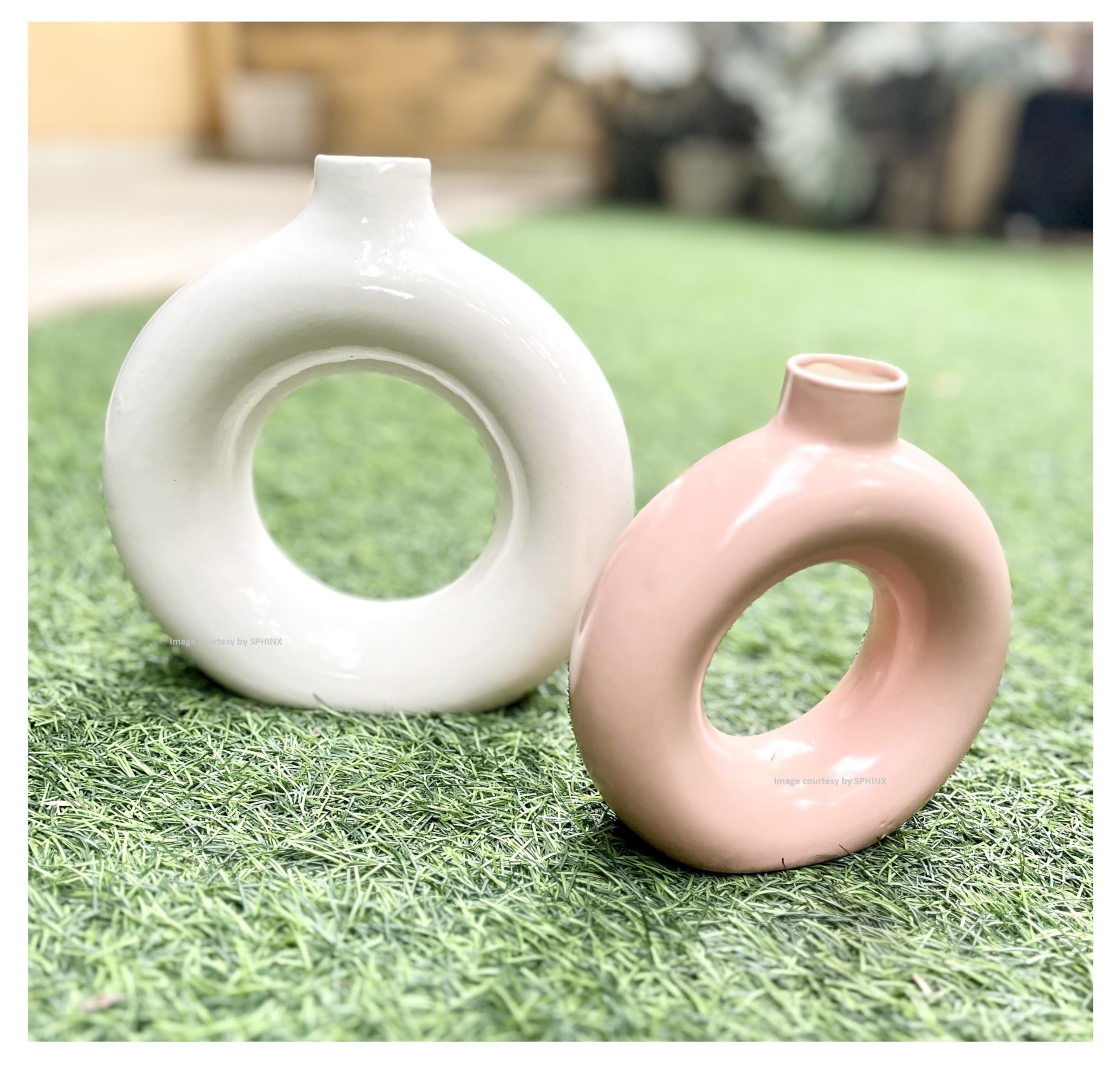 SPHINX Ceramic Donut Vase, Flower Vase Pampas Grass Vase, Vase Home Decor Centrepiece Decor for Home, Office, or Gifts-Vase Only - (1 White (8Inch) + 1 Pink (6Inch))