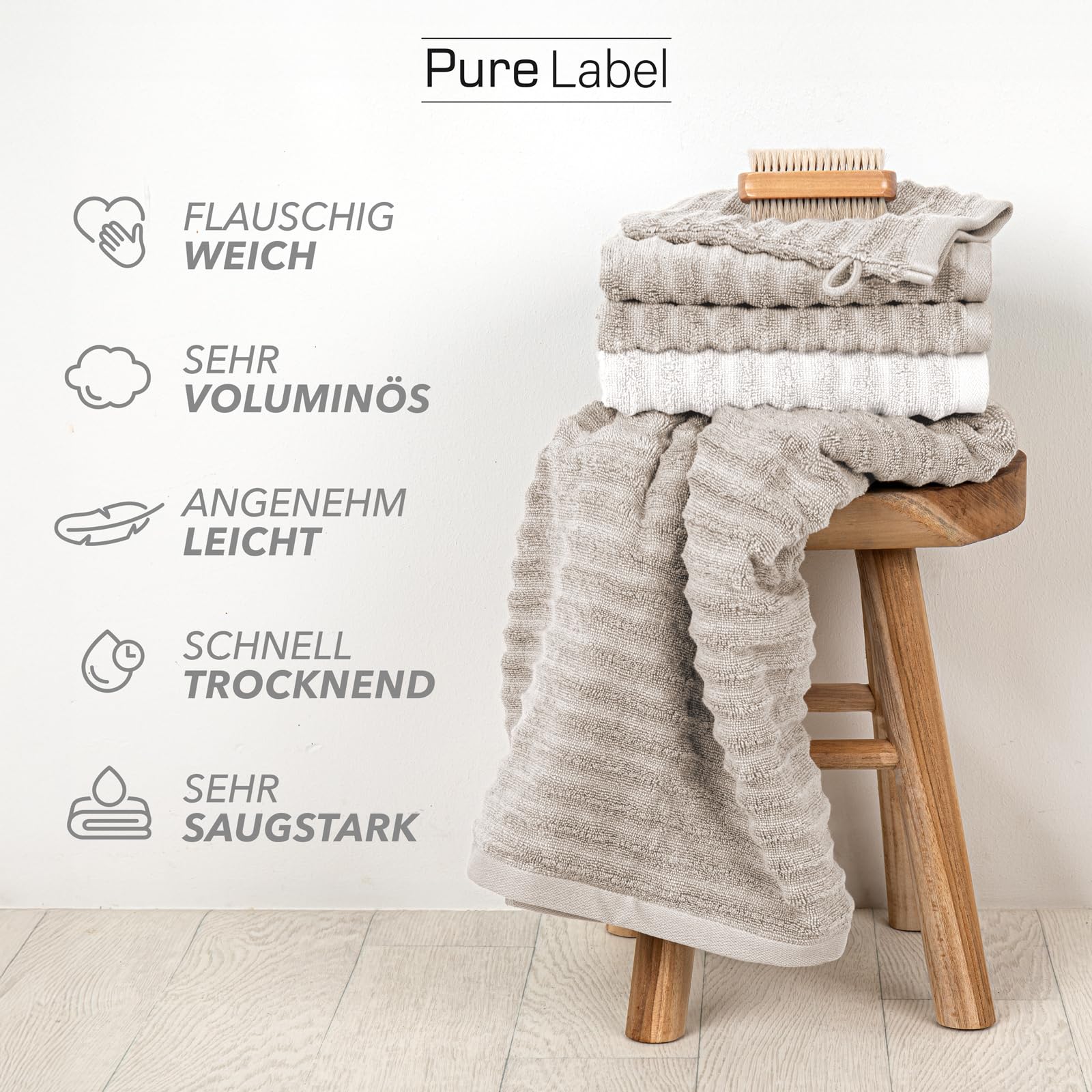 Pure Label 10-TLG. Handtücher Set aus 100% Baumwolle, saugstark, weich - 2X Badetuch 70x140cm 4X Handtuch 50x100cm 4X Gästetuch 30x50cm, Taupe