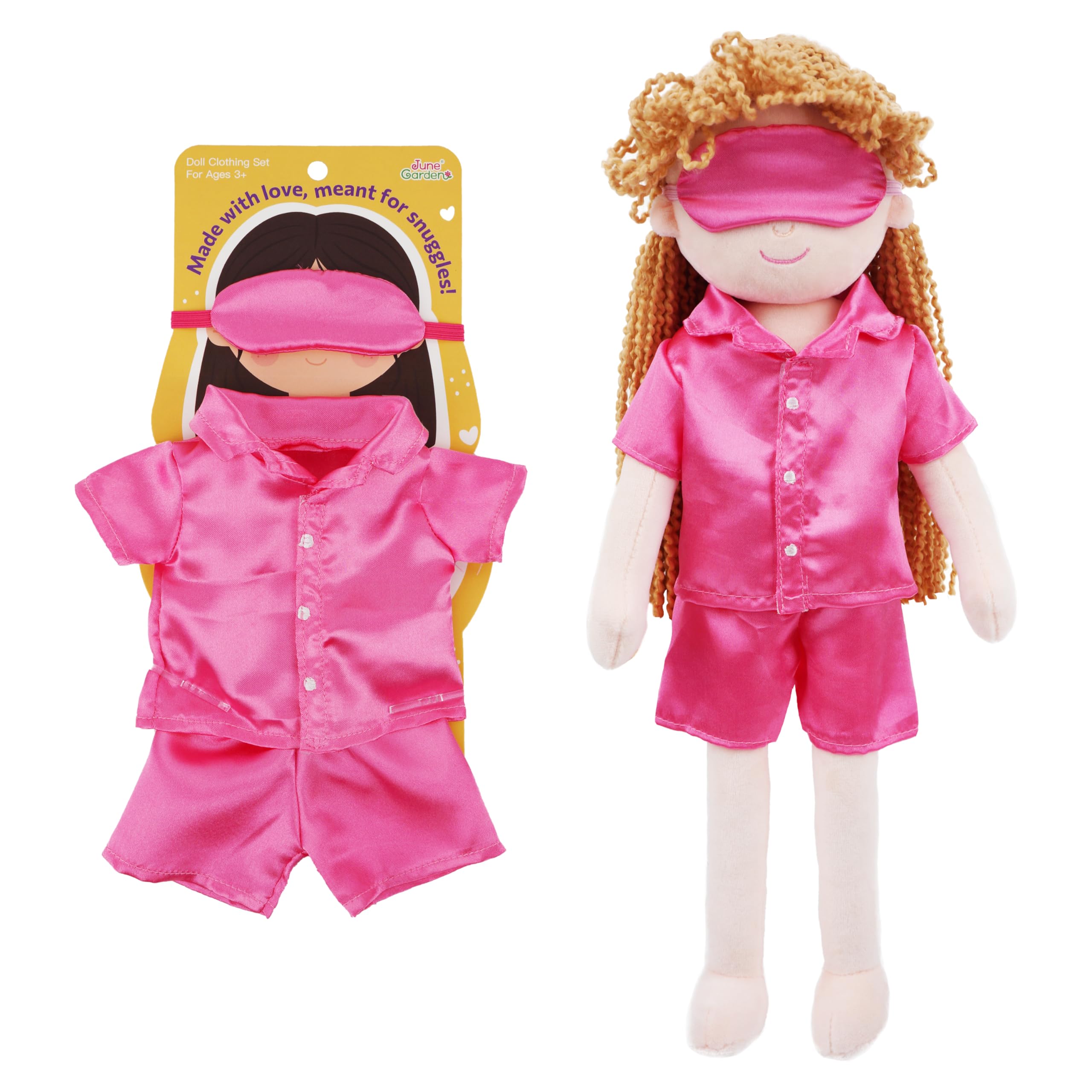 June Garden 3-Piece Doll Pajama Set for 14” Dolls – Fuchsia Satin Sleepwear Outfit with Sleep Mask – Interchangeable Doll Clothes Accessory Set for Maya, Gracie & Similar Plush Dolls