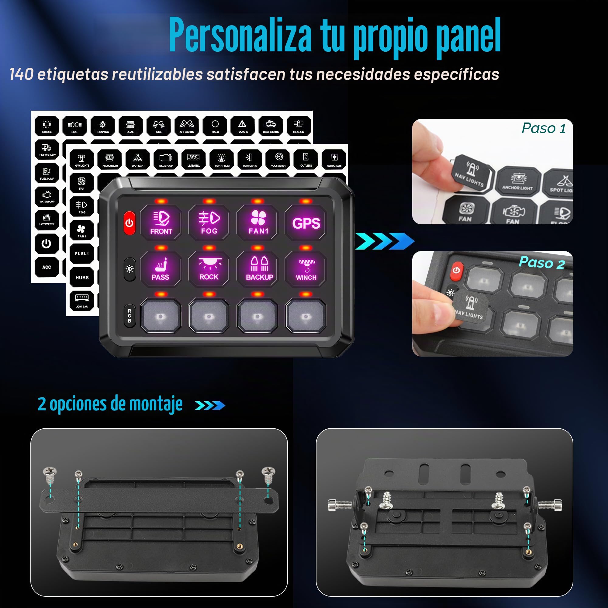 Panel de interruptor RGB de 12 velocidades, regulable automáticamente, panel de interruptores multifunción con memoria de impulso de inclinación instantánea, panel de aluminio para camiones