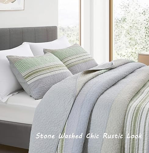 Vista 64 de Chezmoi Collection Samuel Juego de colcha con relleno de cuadros gris pardo, blanco y azul marino, 3 piezas, retales, algodón prelavado, ligero