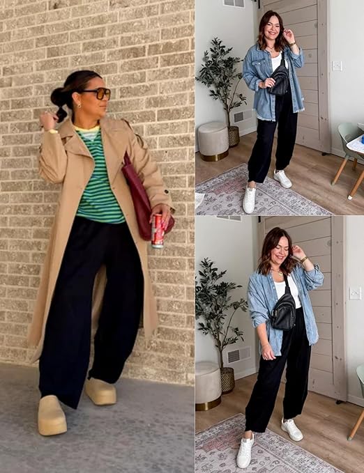 Xiaoxuemeng Womens Baggy Wide Leg Pants Casual Elastic Waisted Palazzo Harem Pants with Pockets (Black-L) thumbnail 3