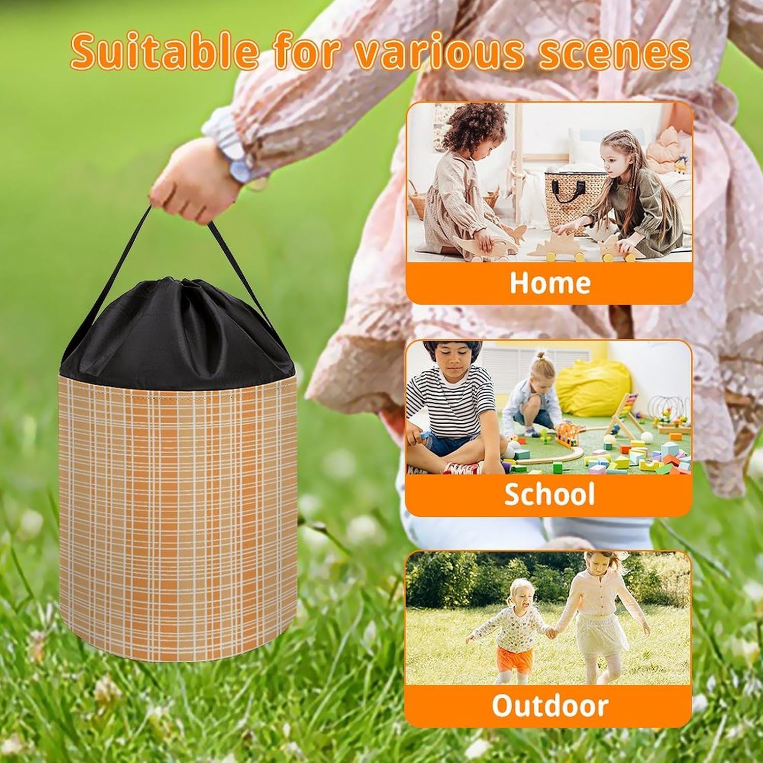 Orange And White Plaid Storage Bag Large Reusable,Storage Box with Handle Drawstringm, Toy Storage Organizer Travel Case for Building Toys for Puzzles, Building Blocks, Board Game, Stationery, Books image 5