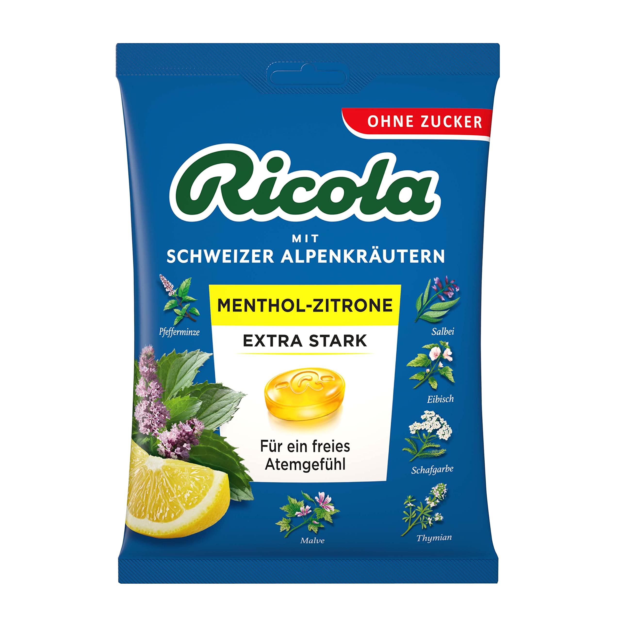 Ricola EXTRA STARK Menthol-Zitrone, 18 Beutel Original Schweizer Kräuter-Bonbons mit 13 Alpenkräutern & natürlichem Menthol, zuckerfrei, 18 x 75g