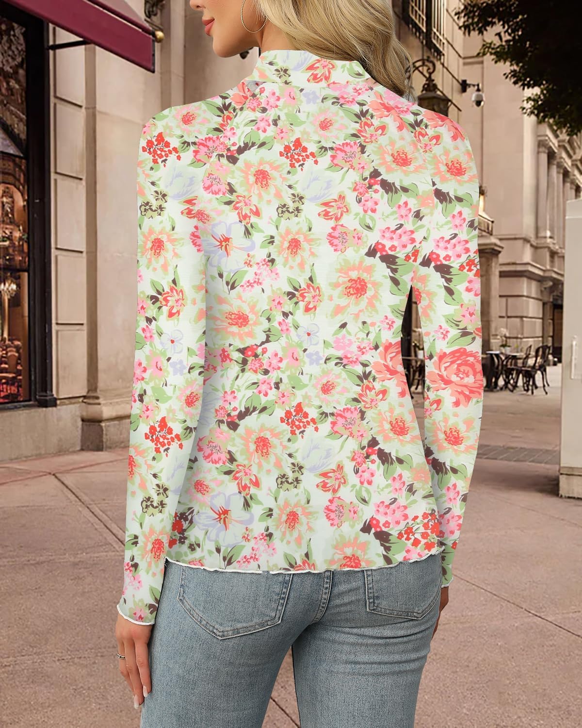 Aoulaydo Long Sleeve Floral Mesh Tops Mockneck Going Out Tops for Women Fashion Spring Outfits 2025 - Image 3