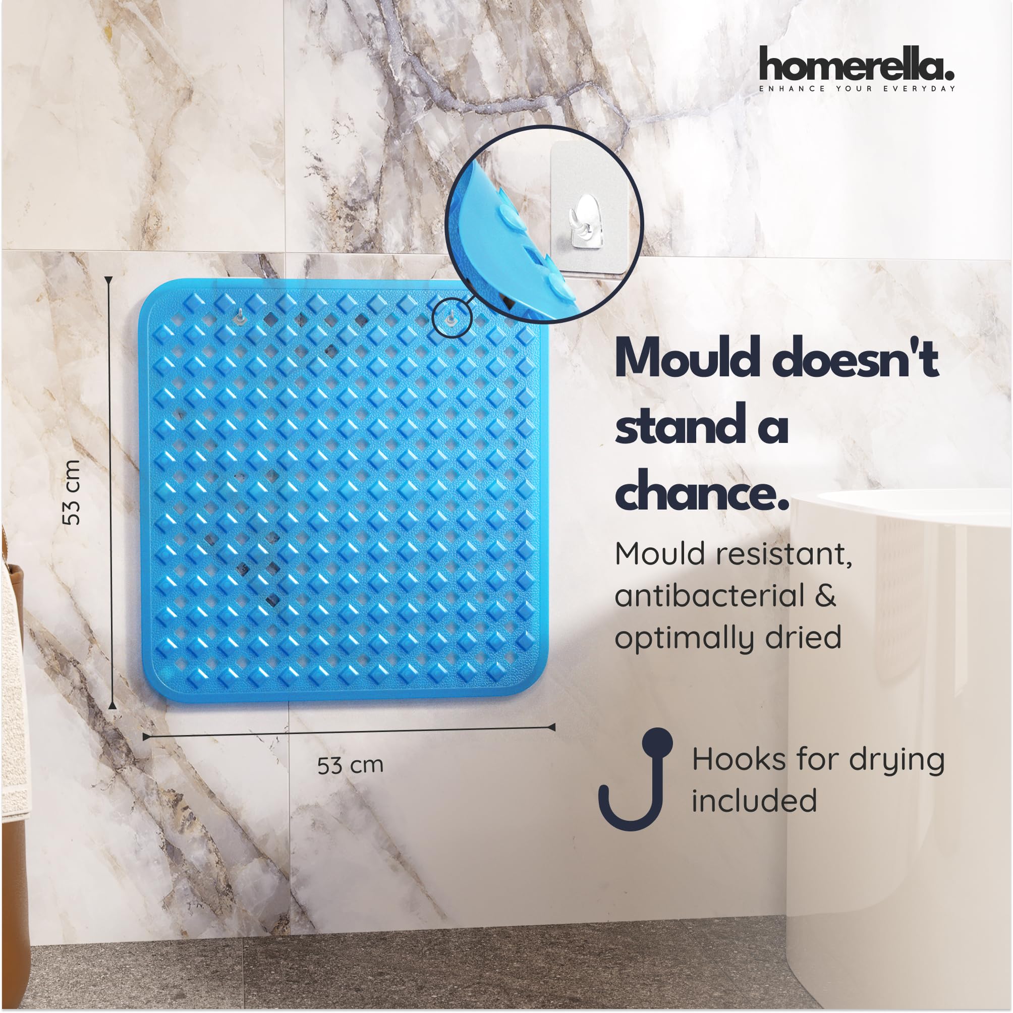 homerella® Shower Mat Non Slip Anti Mould 53 x 53 cm, INCL. Hooks for Drying Bath Mat Non Slip Anti Mould - Image 3