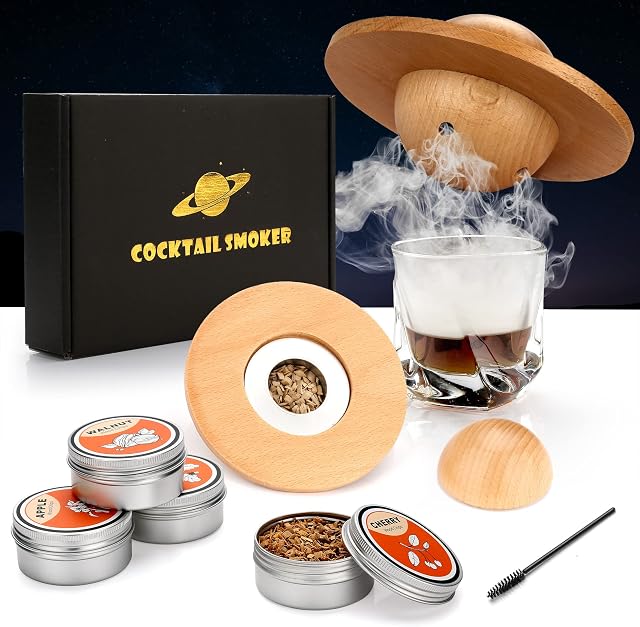 Cocktail Smoker Kit with 4 Wood Chips, Old Fashioned Whiskey Smoker Drinks Kit, Whisky Smoker for Cocktails, Wine, Whiskey, Bourbon, Husband, Dad