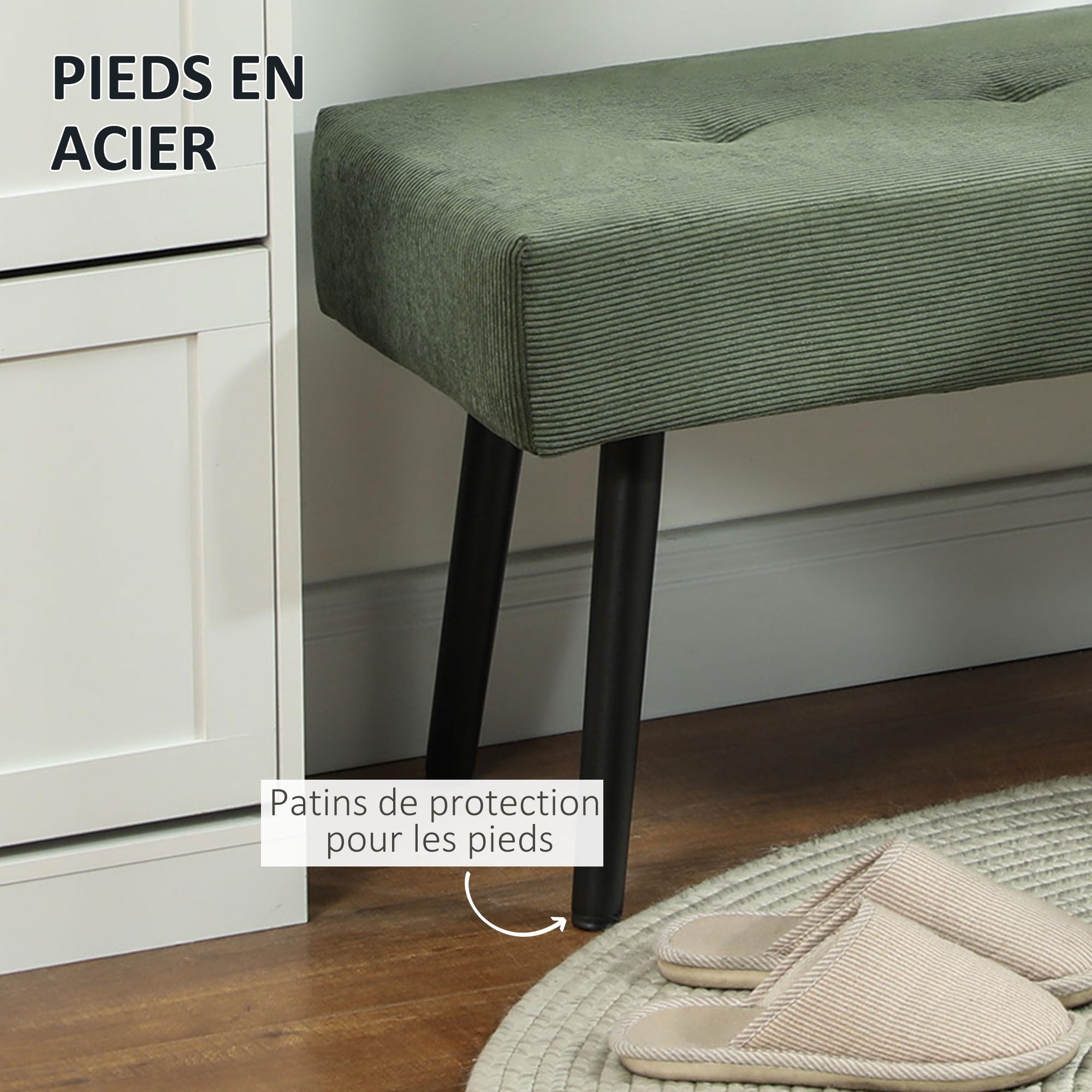 HOMCOM Banc Banquette Moderne Bout de Lit Rembourré 100 x 36 x 45 cm Vert | Velours Côtelé, Pieds en Acier Noir, Idéal pour Entrée Salon Chambre, Charge 220 Kg