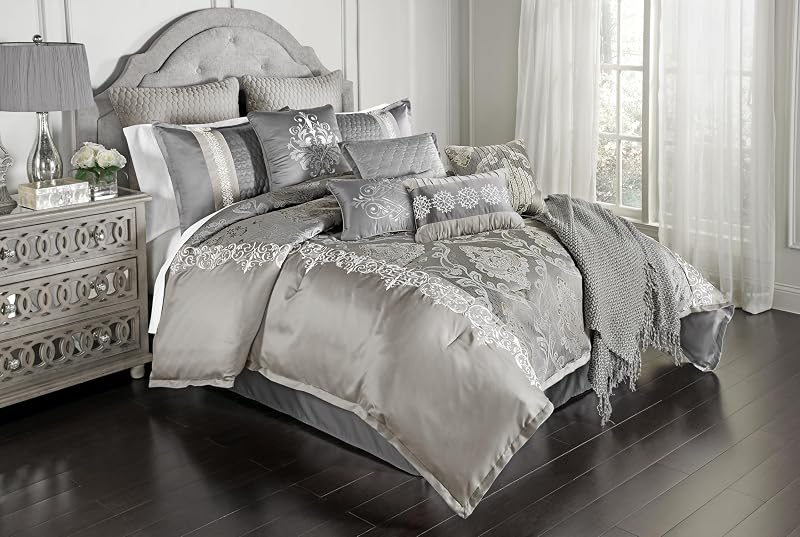 Riverbrook Home Kacee Comforter Bedding Set, King Size, Platinum Glam Décor, 12 Pieces