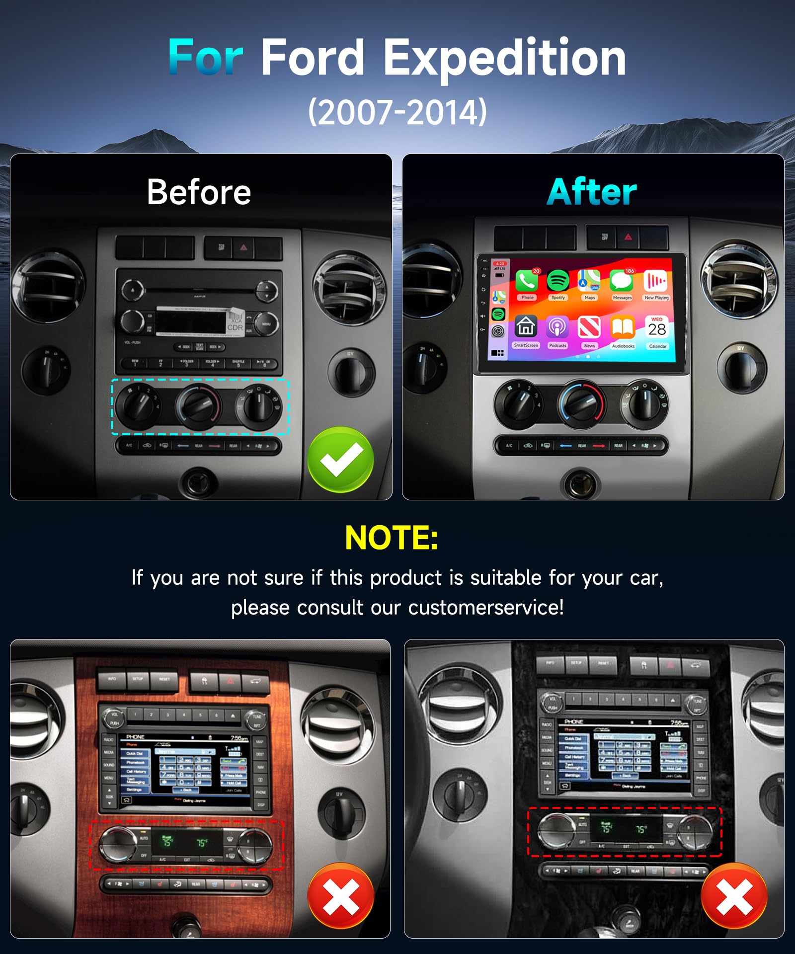 ?DSP 46EQ? 8Core 4G+64G for Ford Expedition 2007-2014 Manual A/C Radio Car Stereo with Wireless Carplay Android Auto 9'' 1280X720P IPS Touch Screen 5.0Bluetooth FM/RDS 5ghzWiFi SWC AHD Backup Camera