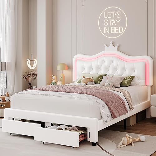 Miniatura 8 de Keyluv Base de cama LED tapizada de tamaño matrimonial con cajón de almacenamiento, cama de plataforma de princesa de cuero con cabecera de corona