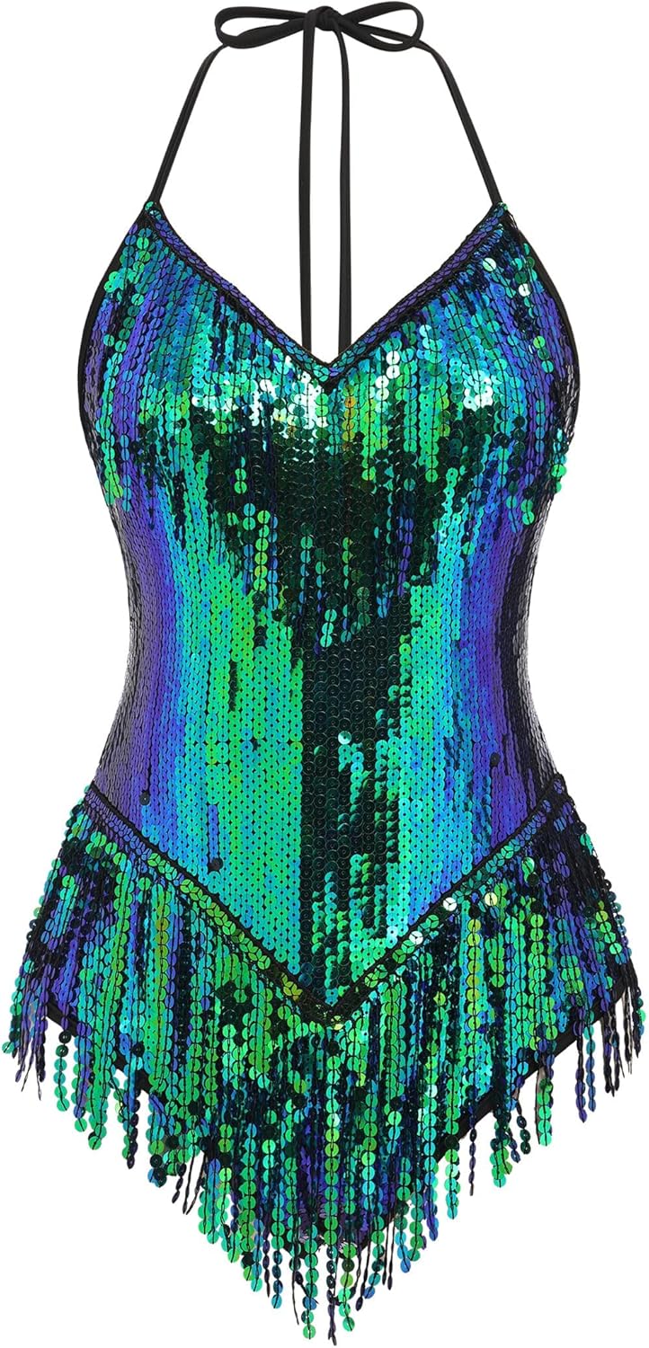 IBAKOM Sexy Sequins Fringe Bodysuit Halter Lace Up Back Jazz Latin Dance Tassel Leotard Acrobat Costume Rave Concert Outfits