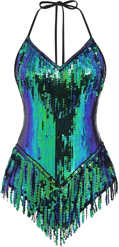 Sexy Sequins Fringe Bodysuit Halter Lace Up Back Jazz Latin Dance Tassel Leotard Acrobat Costume Rave Concert Outfits