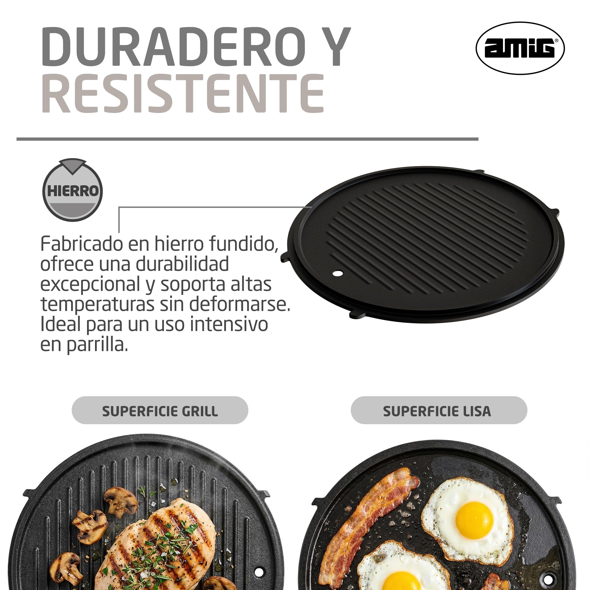 Amig - Plato de Hierro Fundido - Ø31 cm - Reparto Uniforme del Calor y Alta Resistencia - Para Barbacoas de Carbón o Gas - Mod. AM37