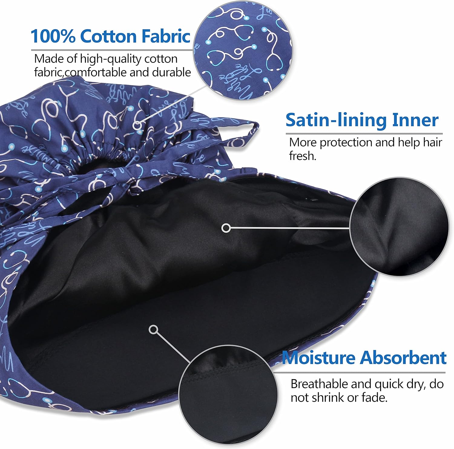 Adjustable Cotton Scrub Cap with Button, Cotton-Lined Working Cap Sweatband, Elastic Bandage Tie Back One Size - Image 2