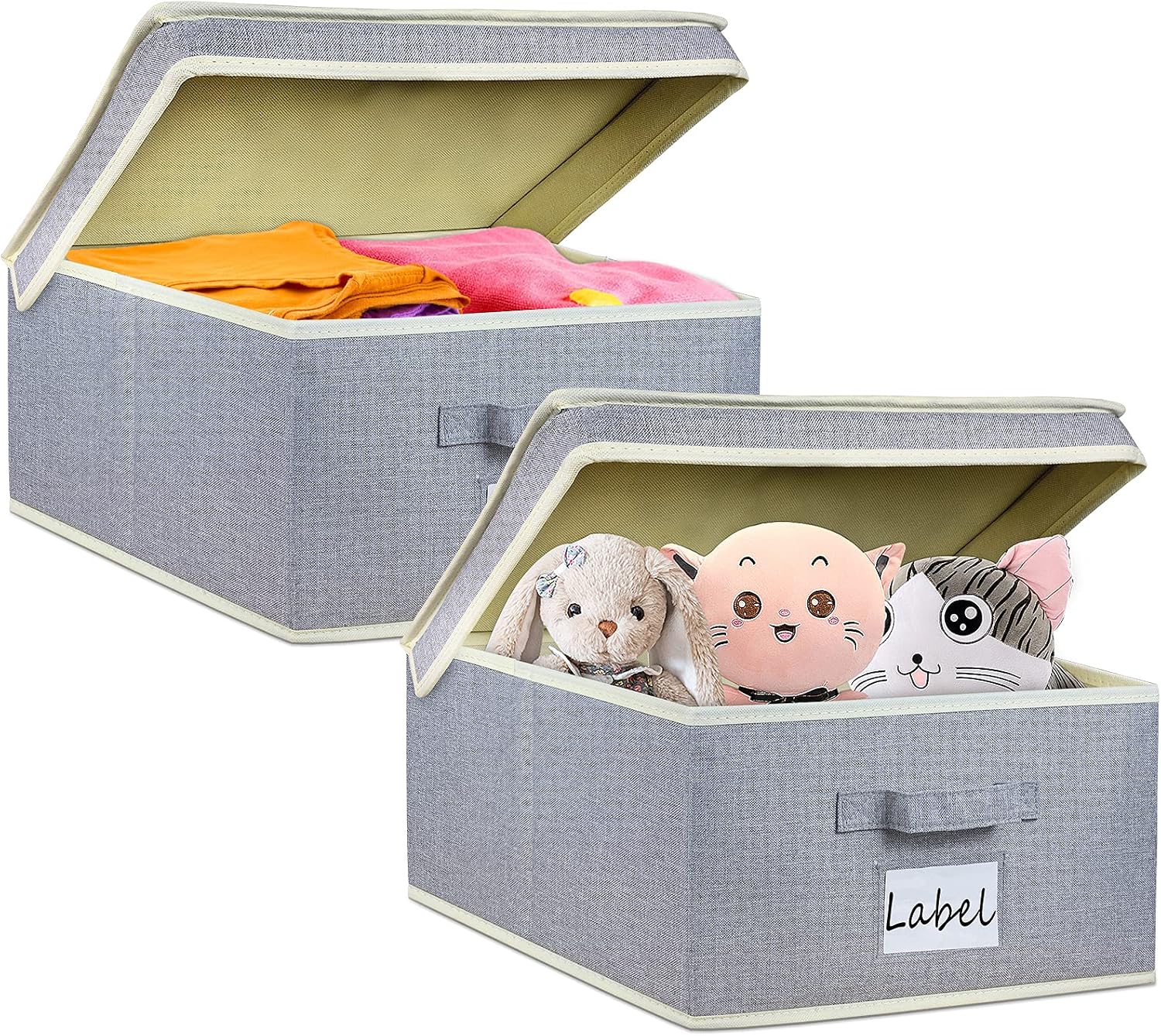 OKBONN Storage Bins with Lids,[2 Pack Large] Collapsible Storage Cubes Decorative Linen Fabric Storage Boxes Organizer Containers Shelf Baskets with Cover for Living Room,Bedroom,Kids Room,Office,Closet,Shelves(14.6''x11.8''x7.9'')