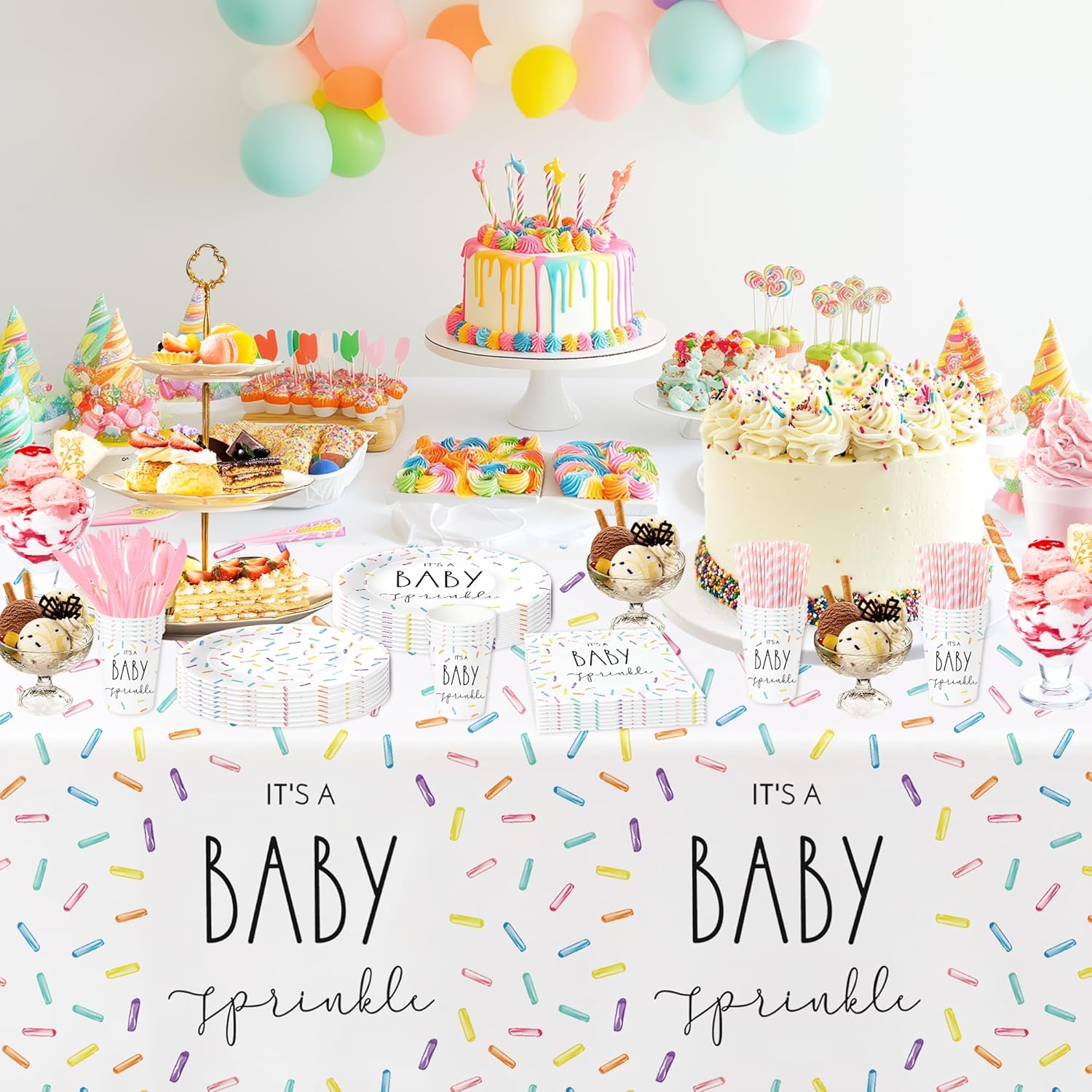 Sprinkle Baby Shower Decorations - IT'S A Baby Sprinkle Party Decorations Tableware, Plate, Cup, Napkin, Cutlery, Tablecloth, Rainbow Confetti Sprinkle Baby Shower Party Supplies, Serve 24