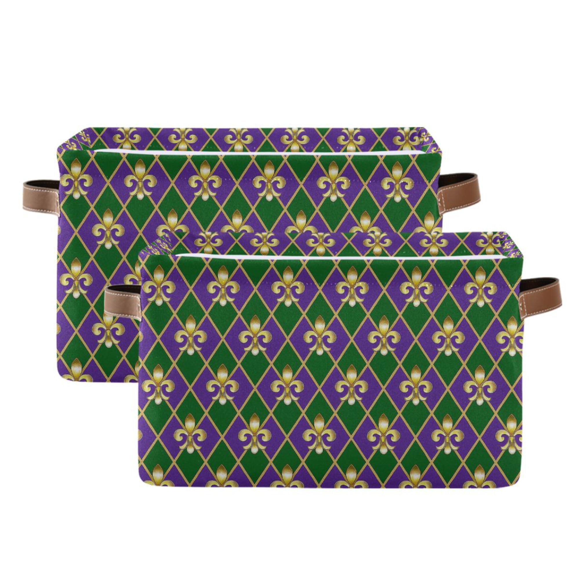 Happy Mardi Gras Green Purple Storage Basket with Waterproof Liner and PU Handles Fleur de Lis Buffalo Plaid Storage Bins Boxes 14.2" Collapsible Decorative Organizer Baskets for Bedroom Office 2 Pack