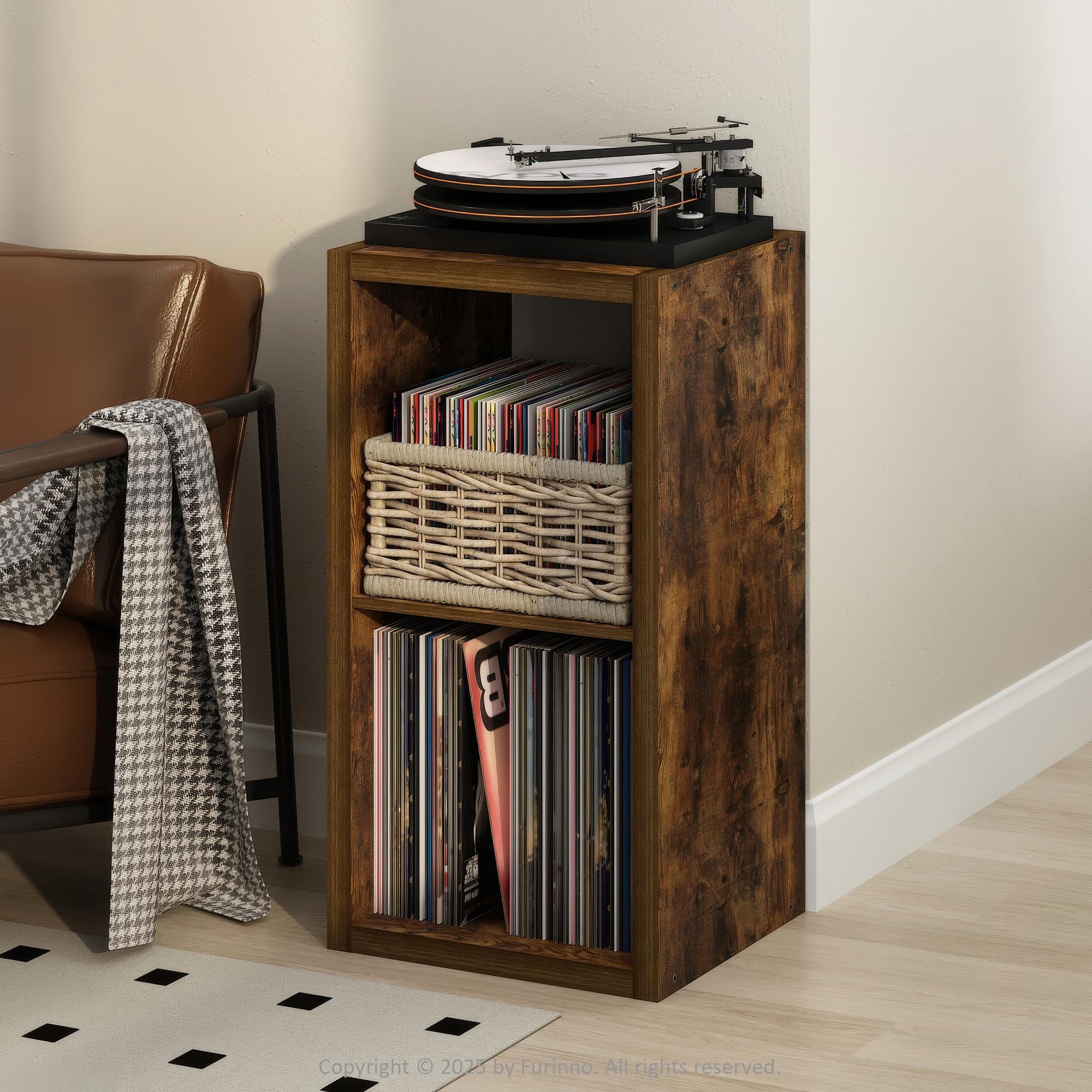 Furinno Cubicle Record Player Stand, 2-Cube Record Storage, Amber Pine
