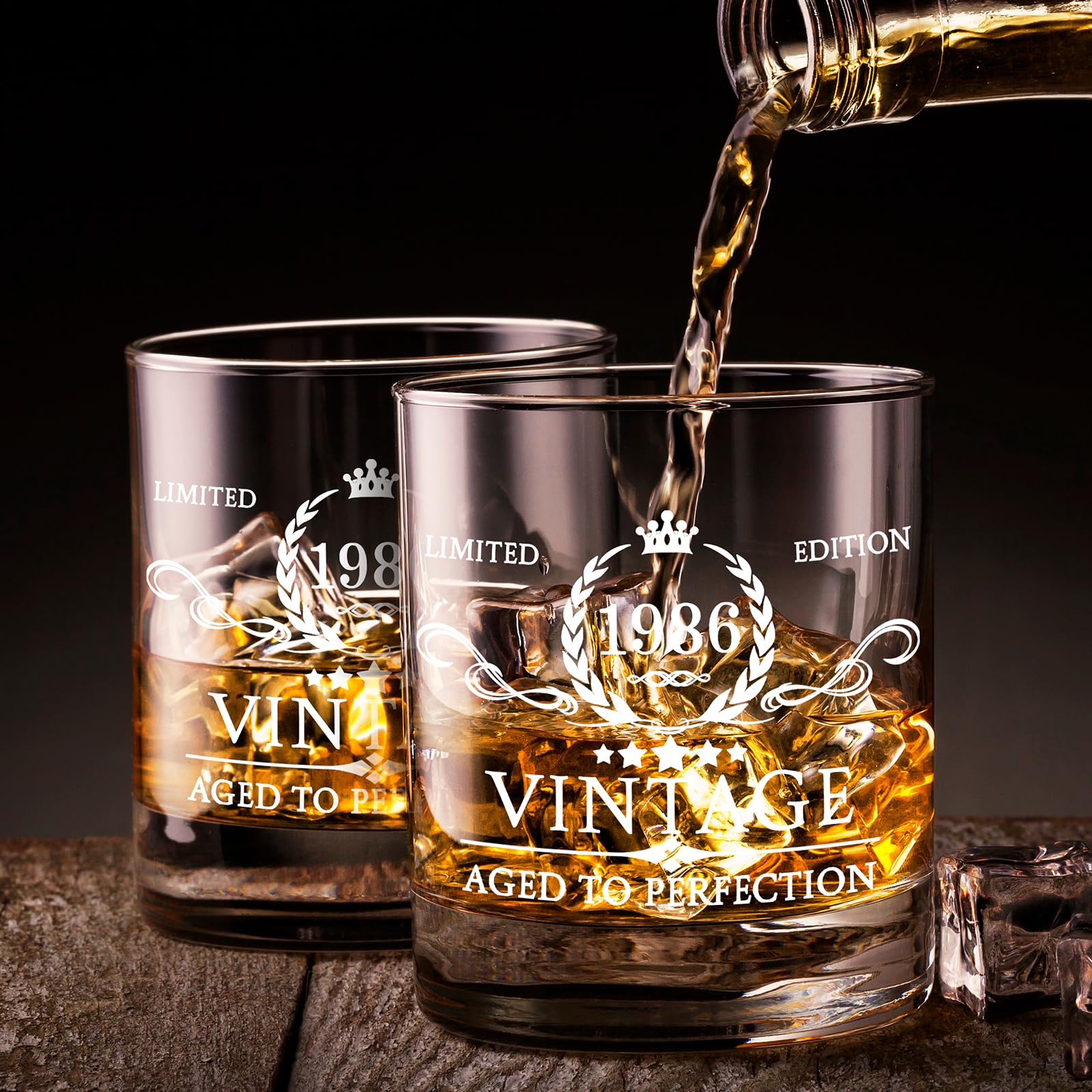 40th Birthday Gifts for Men Whiskey Glass Set - 40th Birthday Decorations, Party Supplies - 40 Year Anniversary, Bday Gifts Ideas for Him, Dad, Husband, Friends - Wood Box & Whiskey Stones & Coaster