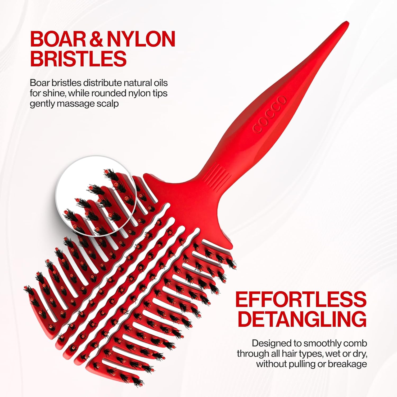 COCCO Aura Vent Boar Brush | Vented Dual-Curved Design for Faster Drying, Effortless Detangling & Shine, Boar + Nylon Bristles, Ergonomic Comfort Handle for Wet & Dry Hair Styling - Red - Image 5