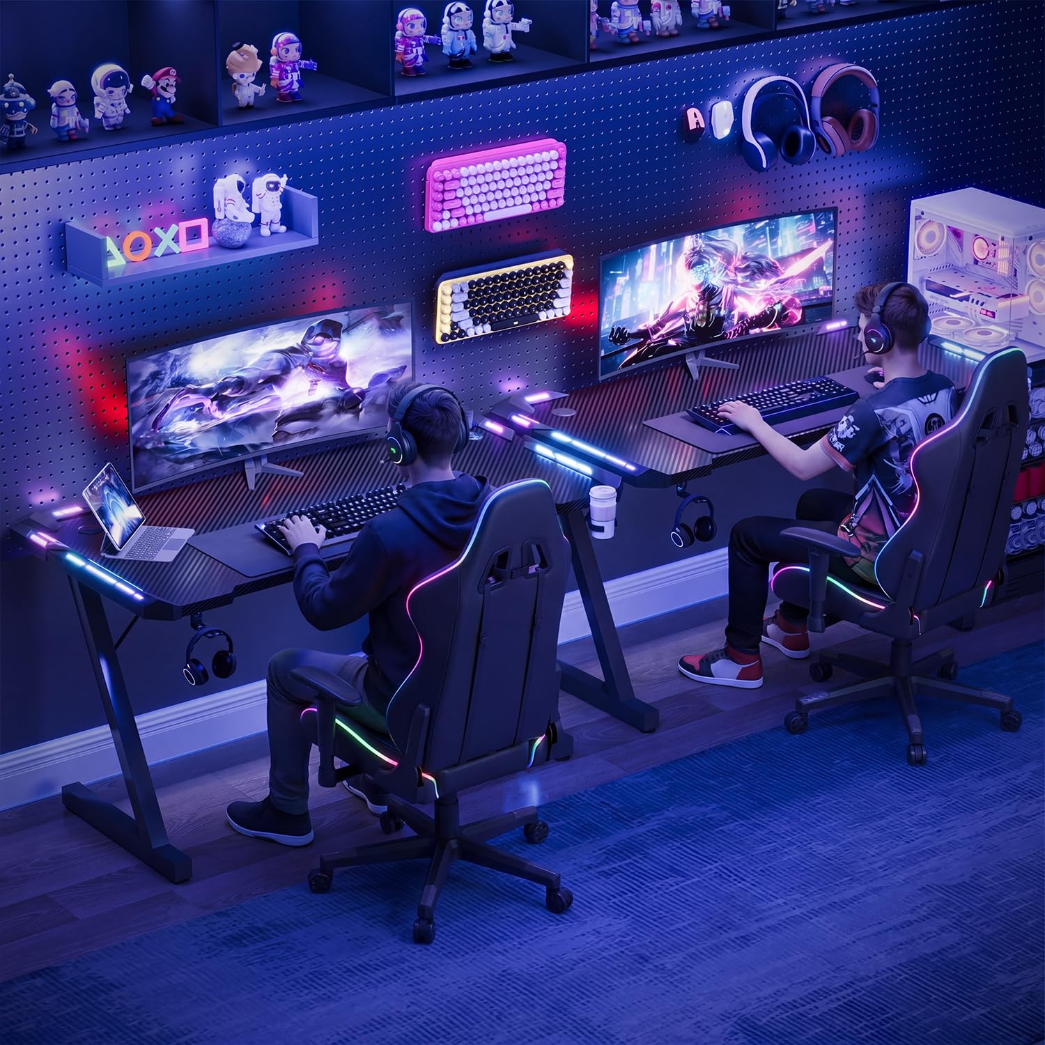 Devoko 120 x 60cm Scrivania Gaming LED, Tavolo Gaming Ergonomica, Scrivania per Computer con Porta Bicchiere e Ganci per Cuffie, Postazione con Piano del Tavolo in Fibra di Carbonio, Nero